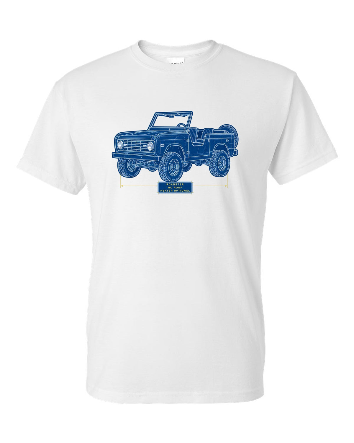 Cyanotype plan-view blueprint of a 1966 Ford Bronco U13 roadster on a trail map with NO ROOF lettering white t-shirt front view with the design