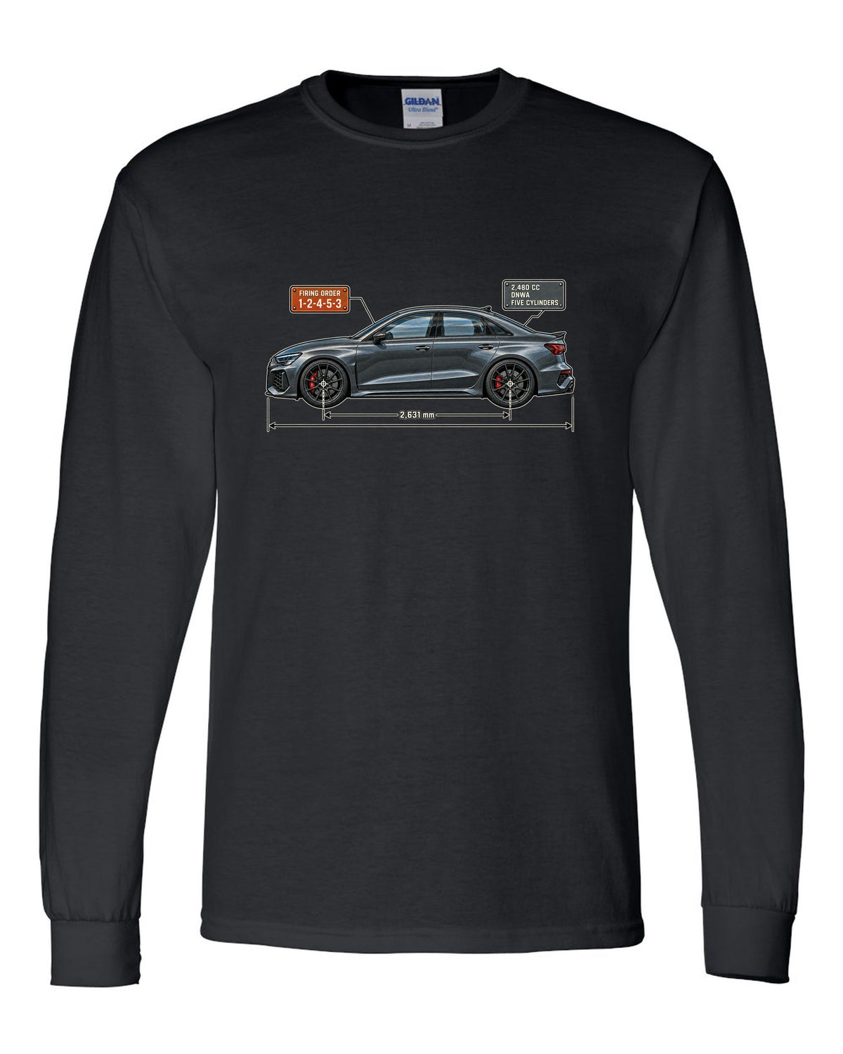 Blueprint of the Audi RS3 8Y sedan with 1-2-4-5-3 firing order black long sleeve front view with the design