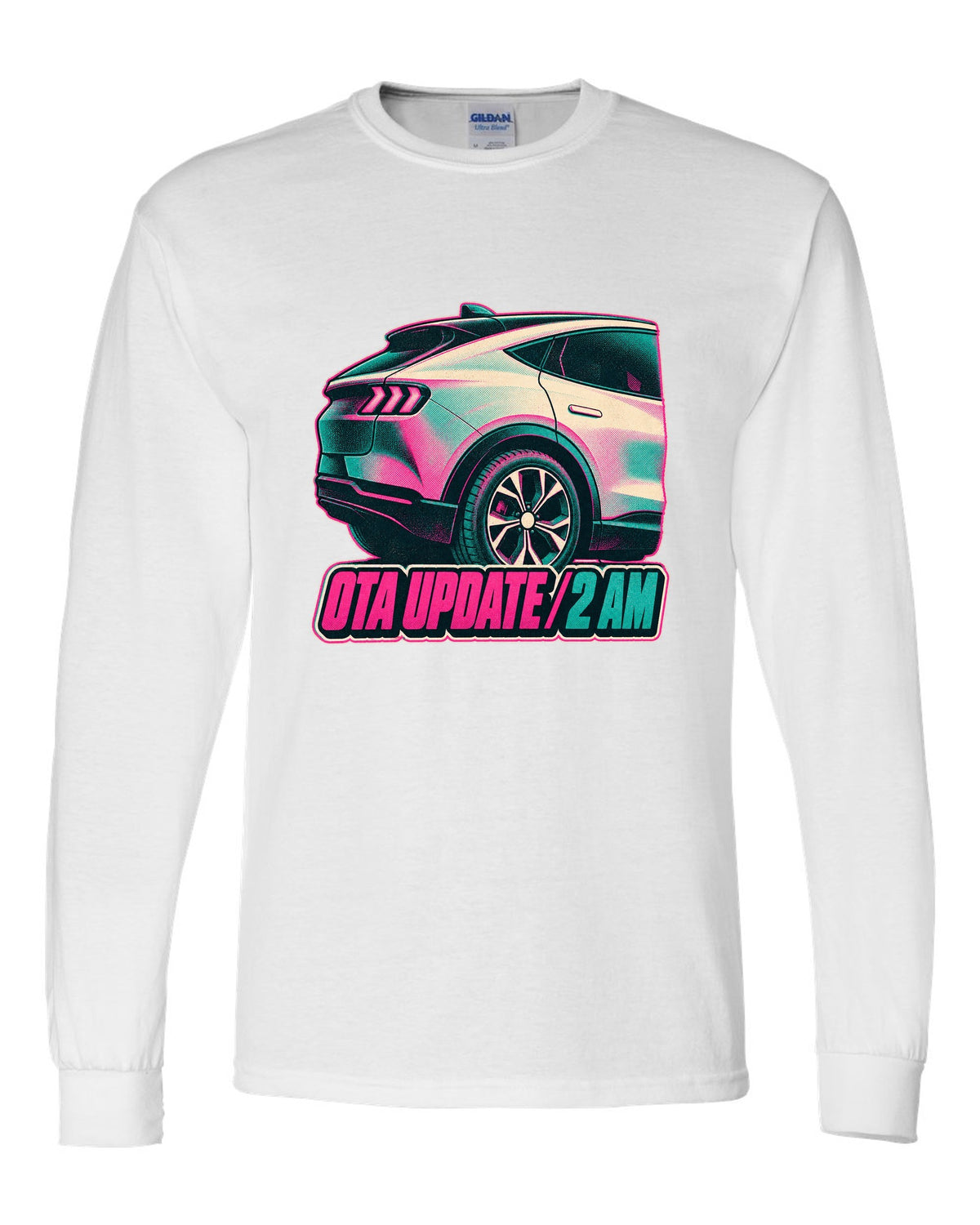 Risograph halftone wheel print of a 2020 Mustang Mach-E CX727 reading OTA Update 2 AM white long sleeve front view with the design