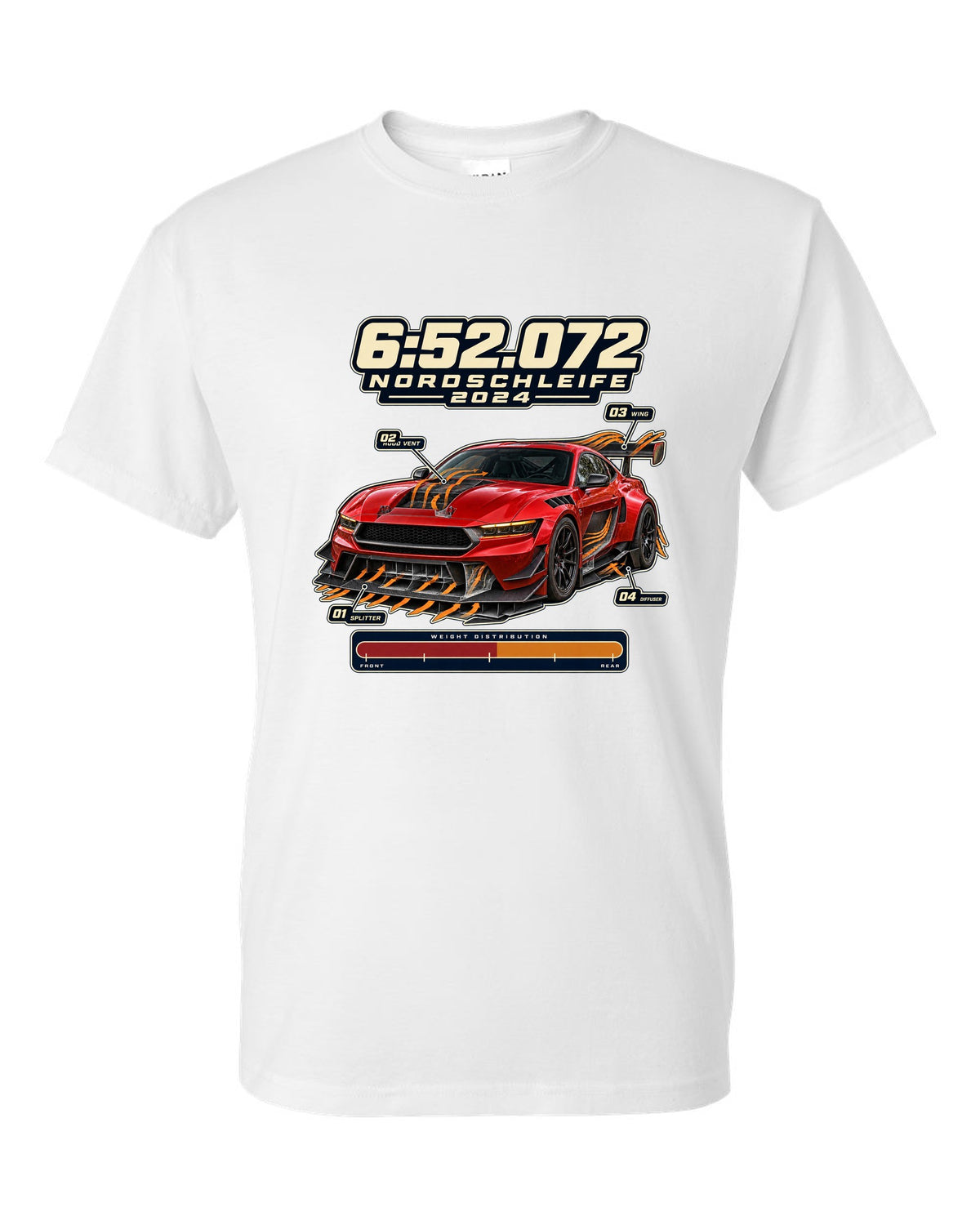 print of a Mustang GTD with aero callouts and 6:52.072 Nordschleife 2024 text white t-shirt front view with the design