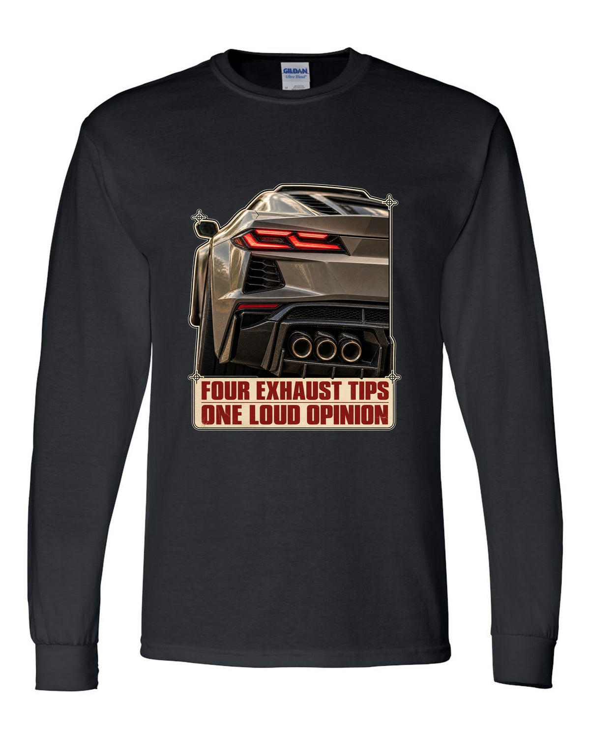 Taillight macro print of a Chevrolet Corvette C8 Z06 with four exhaust tips black long sleeve front view with the design