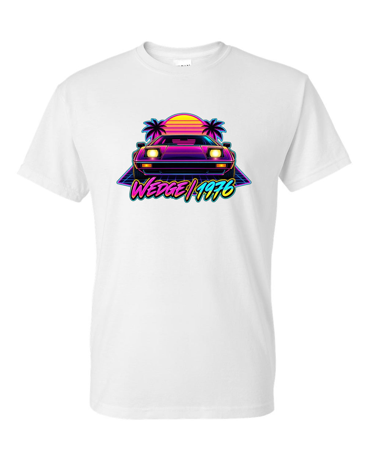 Lotus Esprit 1976 wedge in synthwave neon with WEDGE 1976 lettering white t-shirt front view with the design