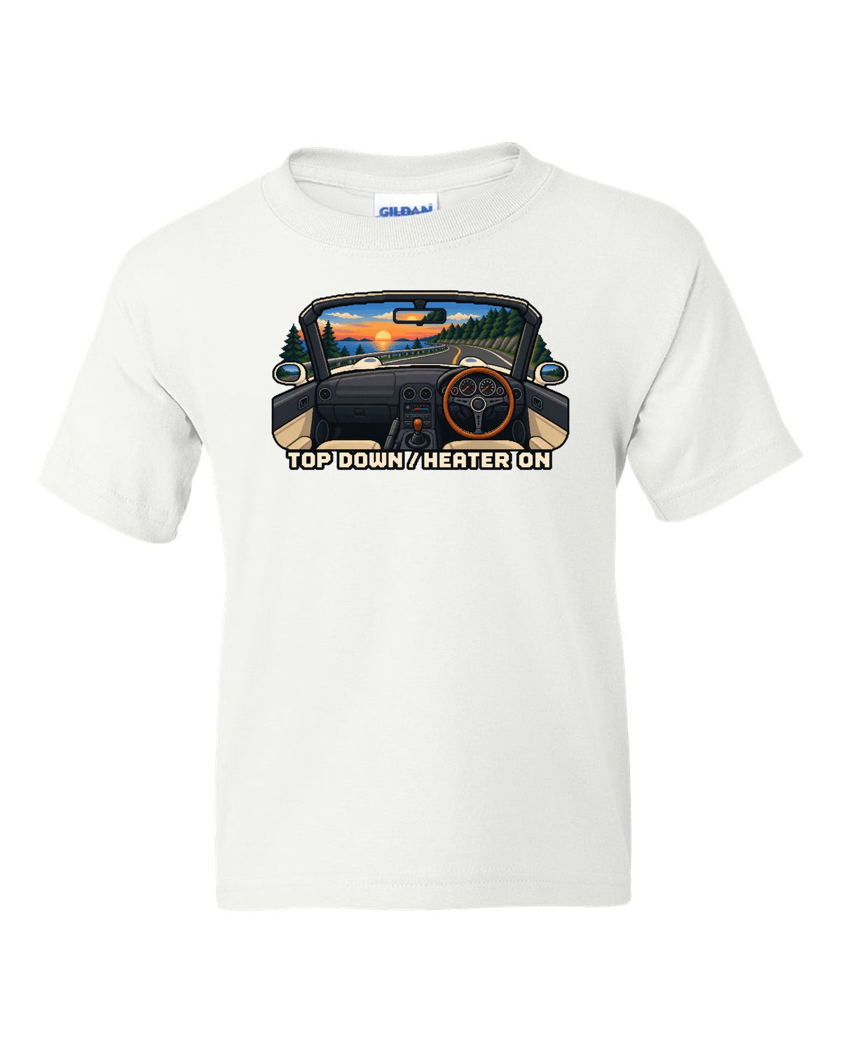Cel-shaded 90s anime night scene of a Mazda RX-7 FD3S under sodium lights white kids tee front view with the design