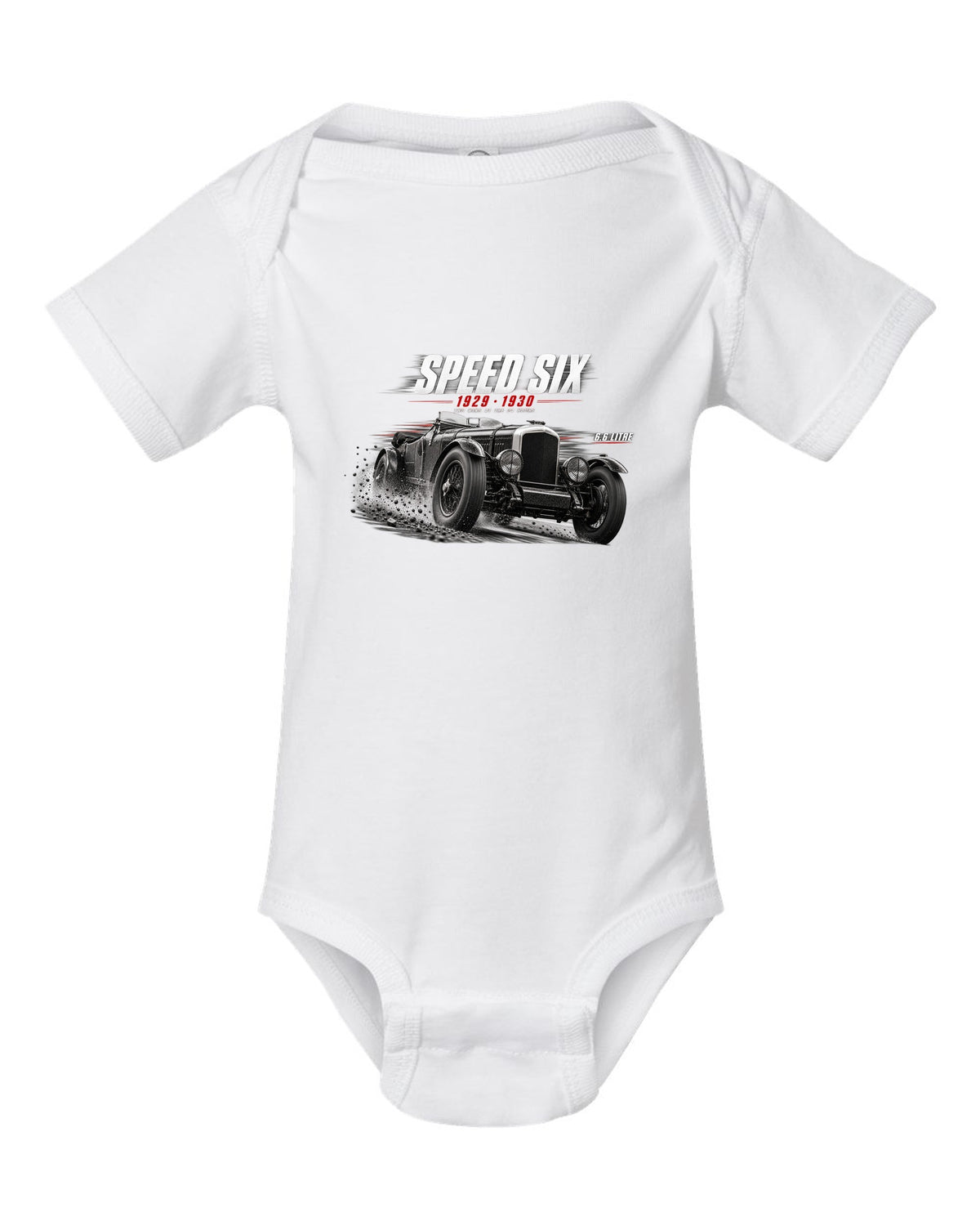 Bentley Speed Six Le Mans race poster 1929 and 1930 white baby onesie front view with the design