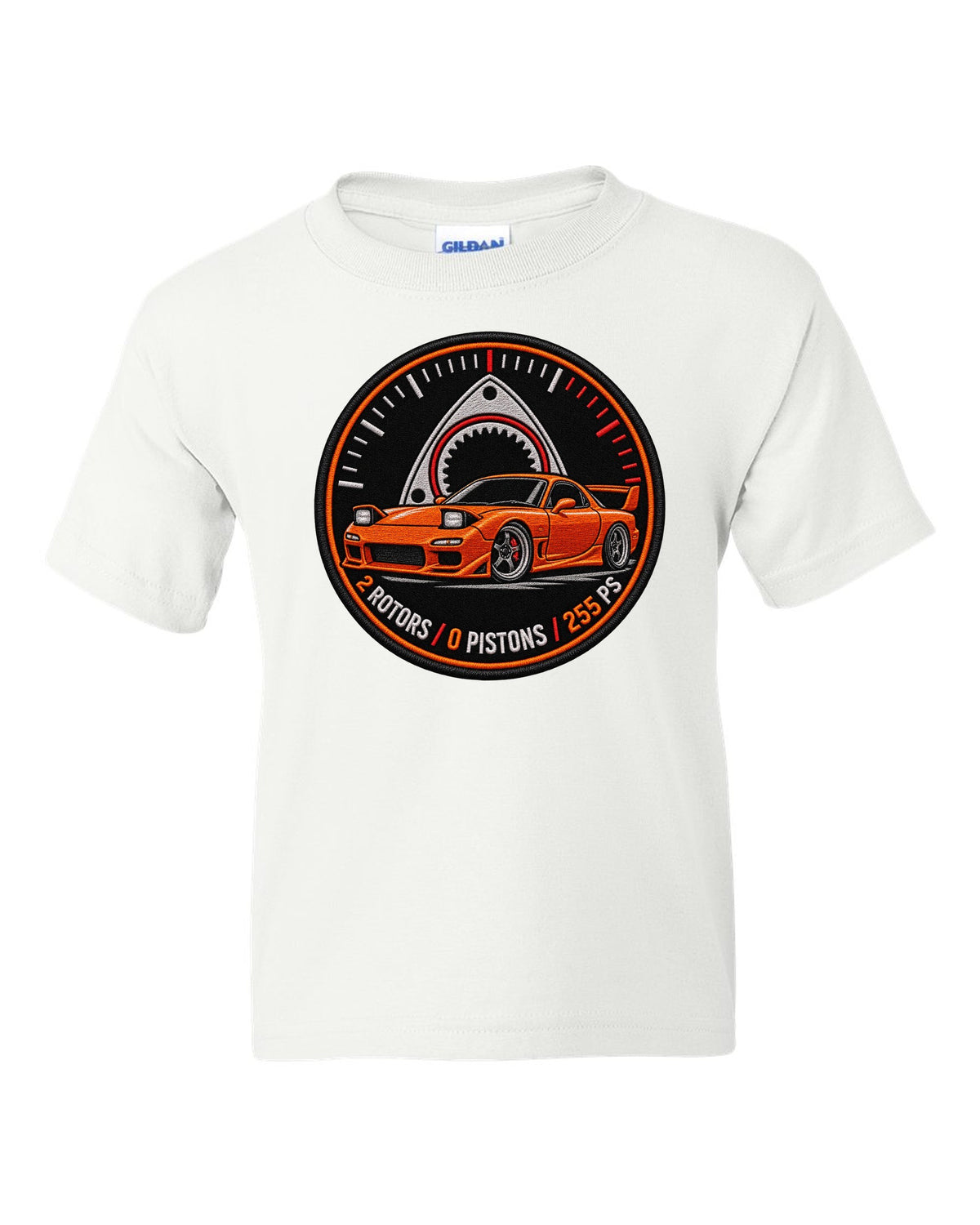 Round embroidery-style crest print for the Mazda RX-7 FD3S with 2 rotors 0 pistons 255 PS lettering white kids tee front view with the design