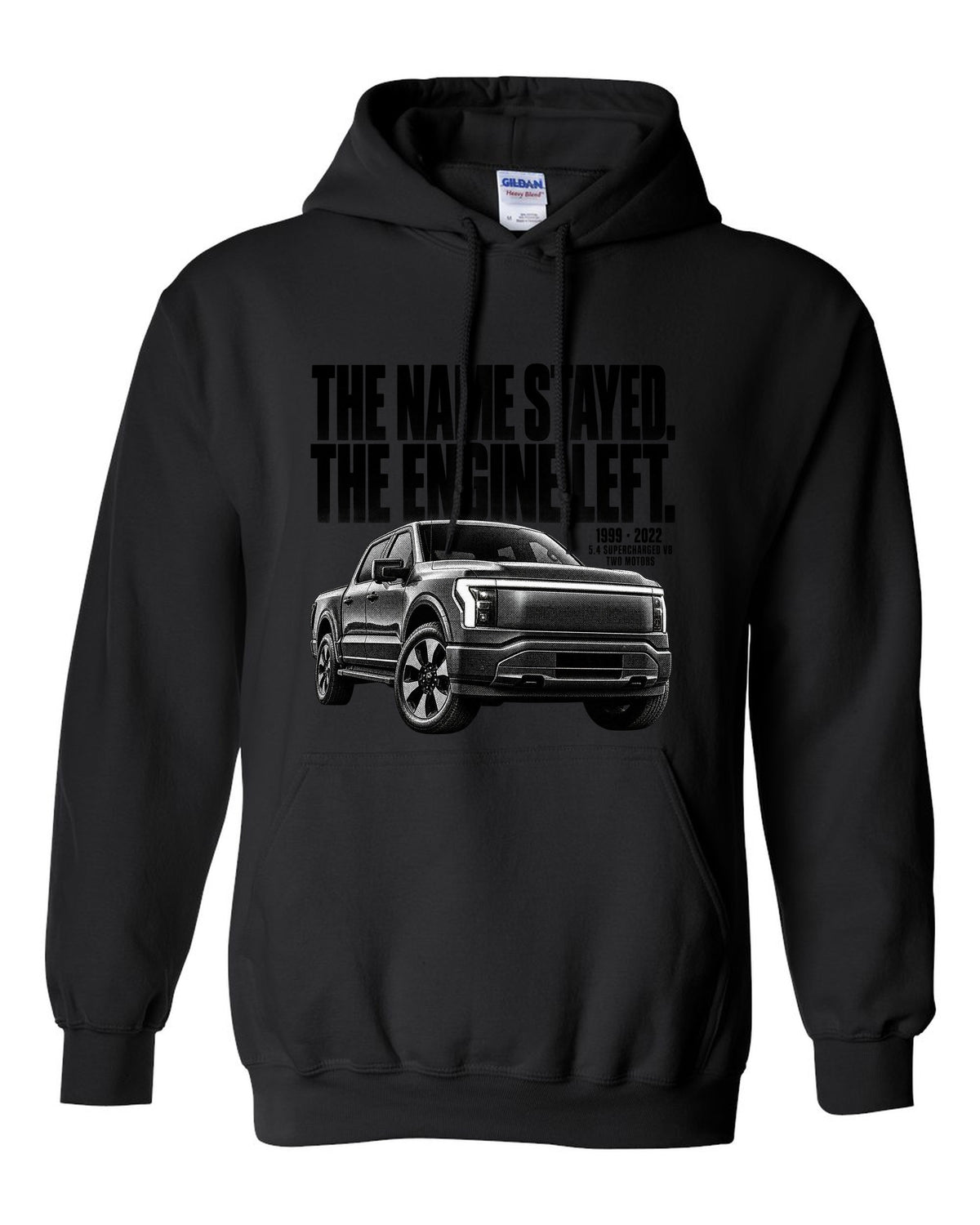 Halftone Ford F-150 Lightning 2022 front three-quarter with 1999 versus 2022 text black pull over hoodie front view with the design