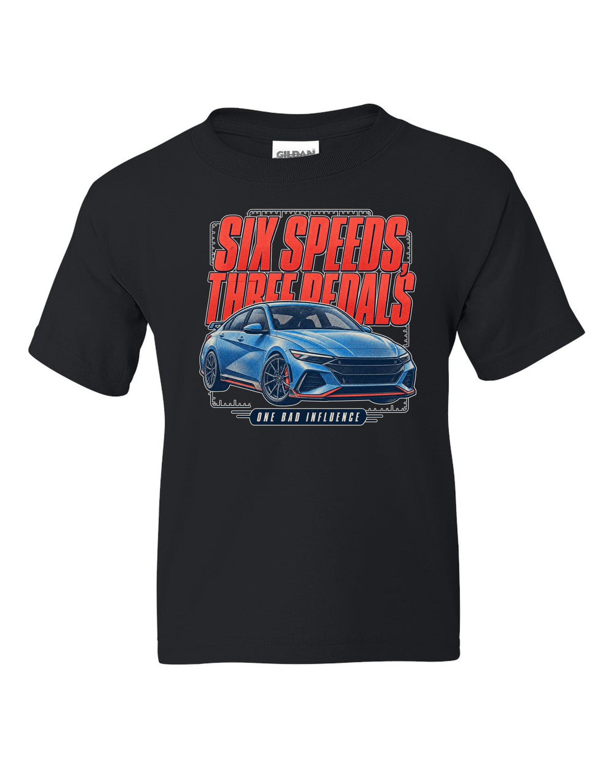 Hyundai Elantra N 2024 halftone statement print black kids tee front view with the design