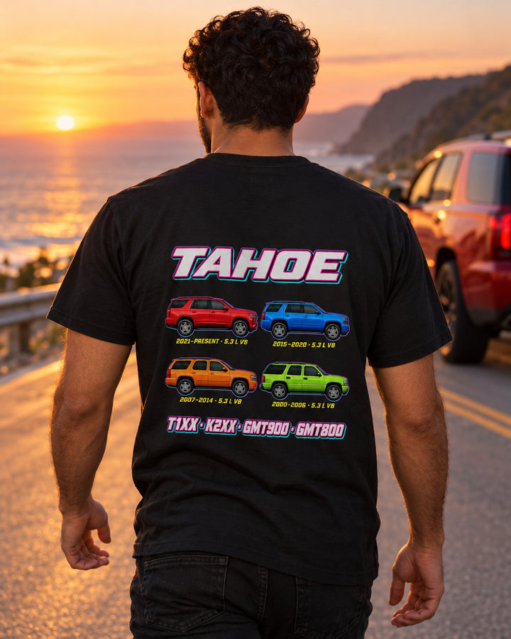 Chevrolet Tahoe Evolution Poster Full-Back Graphic Tee T-Shirt Black worn hero