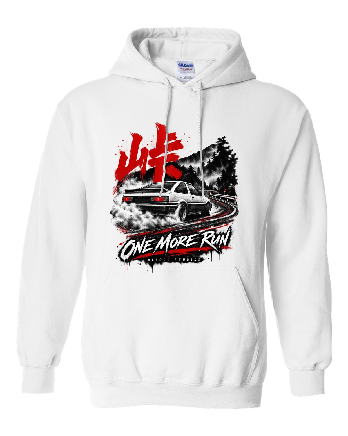 print of a Toyota AE86 Corolla Levin on a night touge road with kanji white pull over hoodie front view with the design