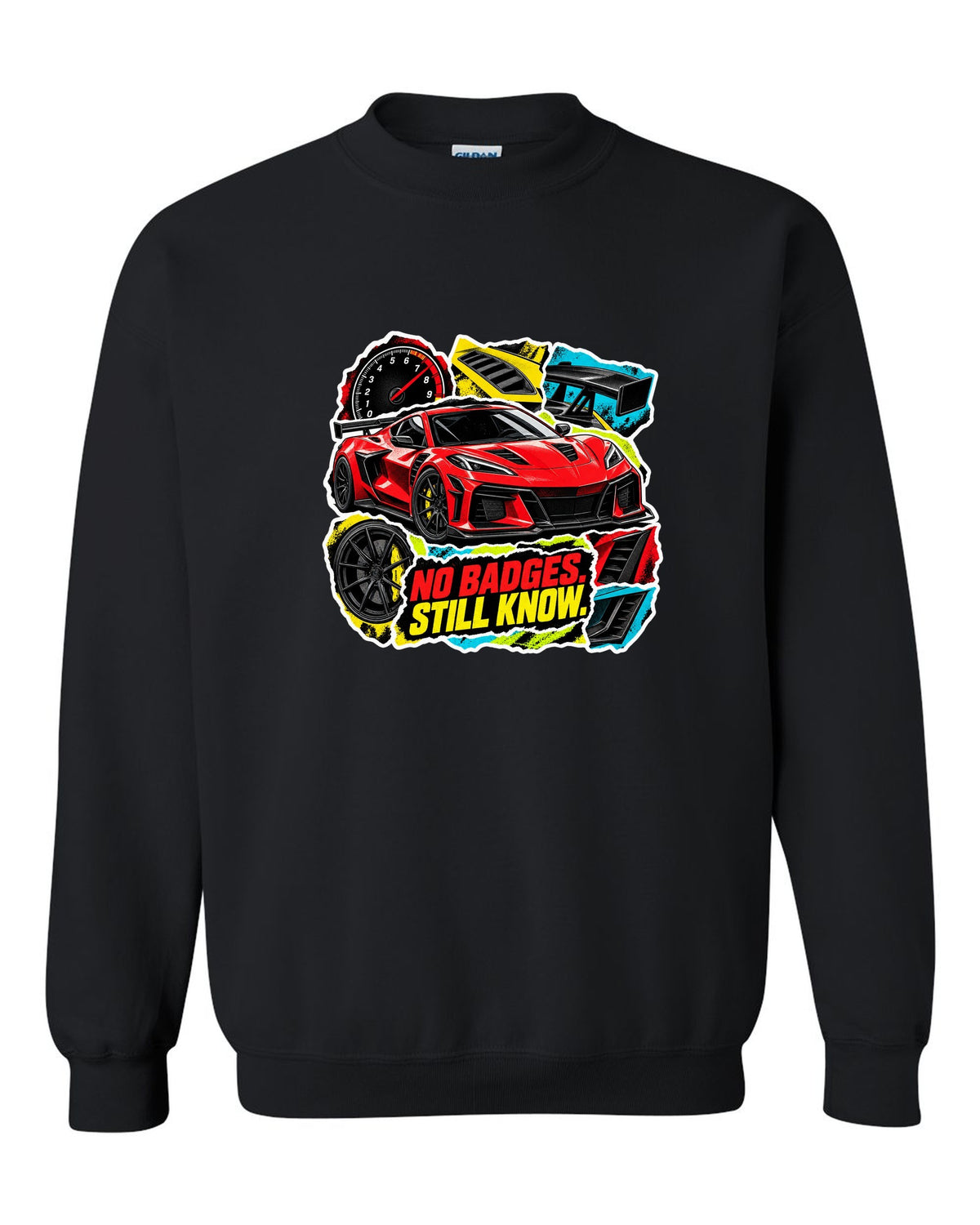 Sticker-bomb collage print of a 2025 Chevrolet Corvette C8 ZR1 with fender vents and rear wing black crewneck front view with the design