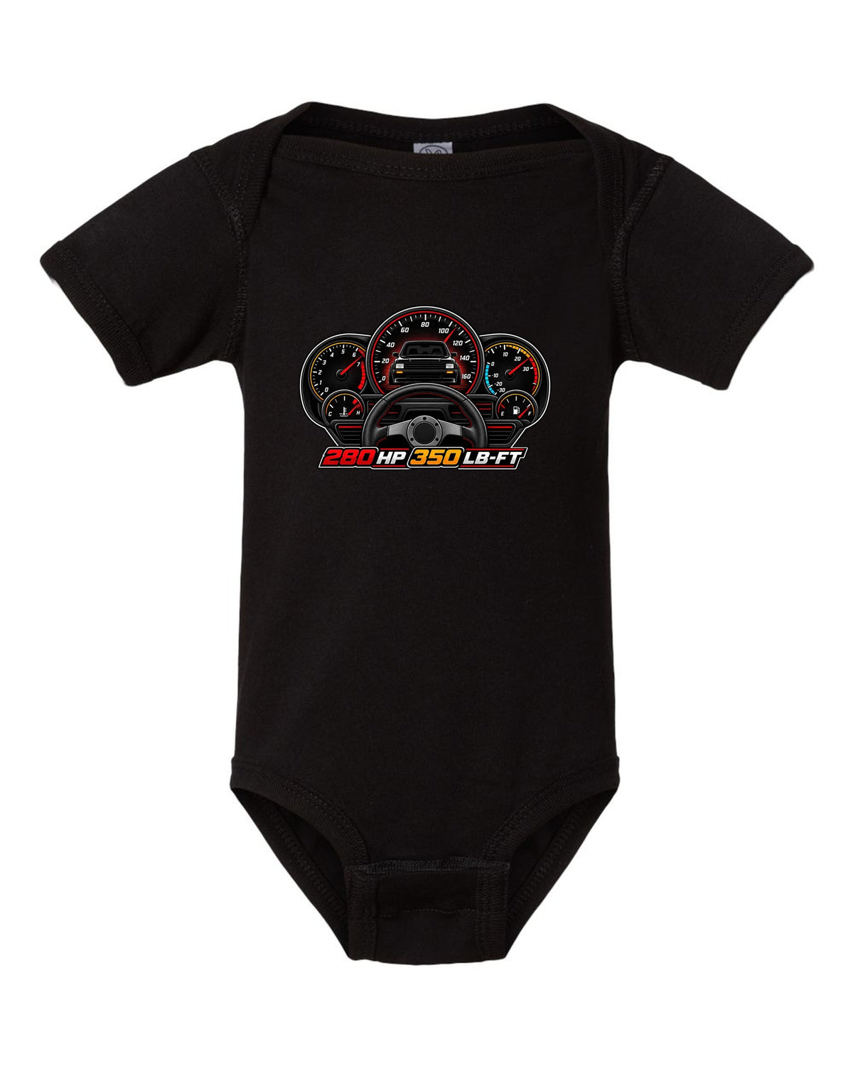 Gauge cluster HUD design for a 1991 GMC Syclone showing 280 HP and 350 LB-FT black baby onesie front view with the design
