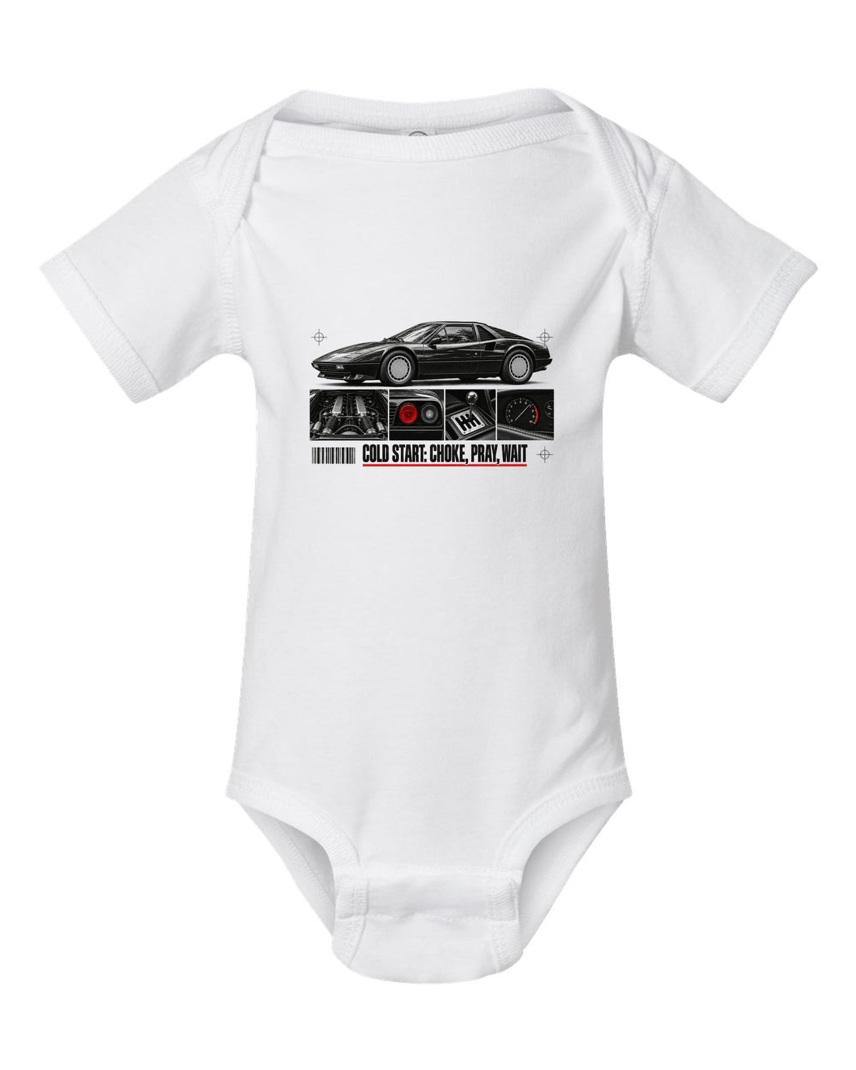 Dossier-panel print of a Ferrari 308 GTB/GTS with the line Cold Start: Choke, Pray, Wait white baby onesie front view with the design