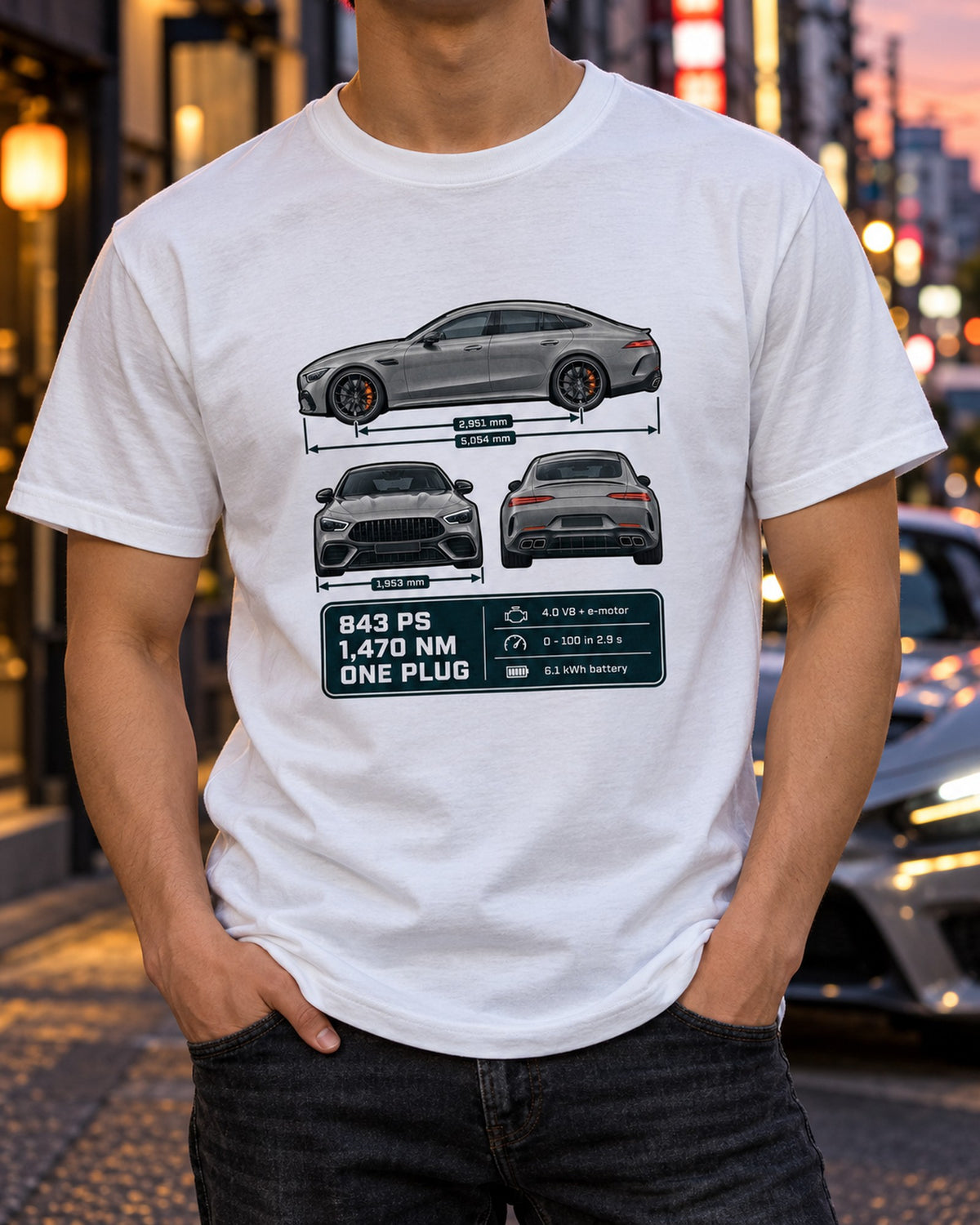 AMG GT 63 S E Performance 4-Door Three-View Spec Table Shirt T-Shirt White worn hero