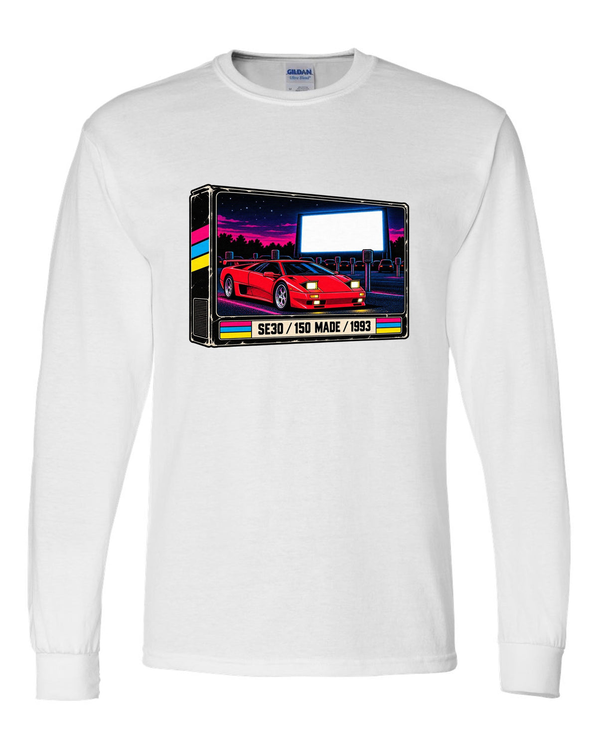 VHS cassette packaging style print of a 1993 Lamborghini Diablo SE30 with 150 made lettering white long sleeve front view with the design