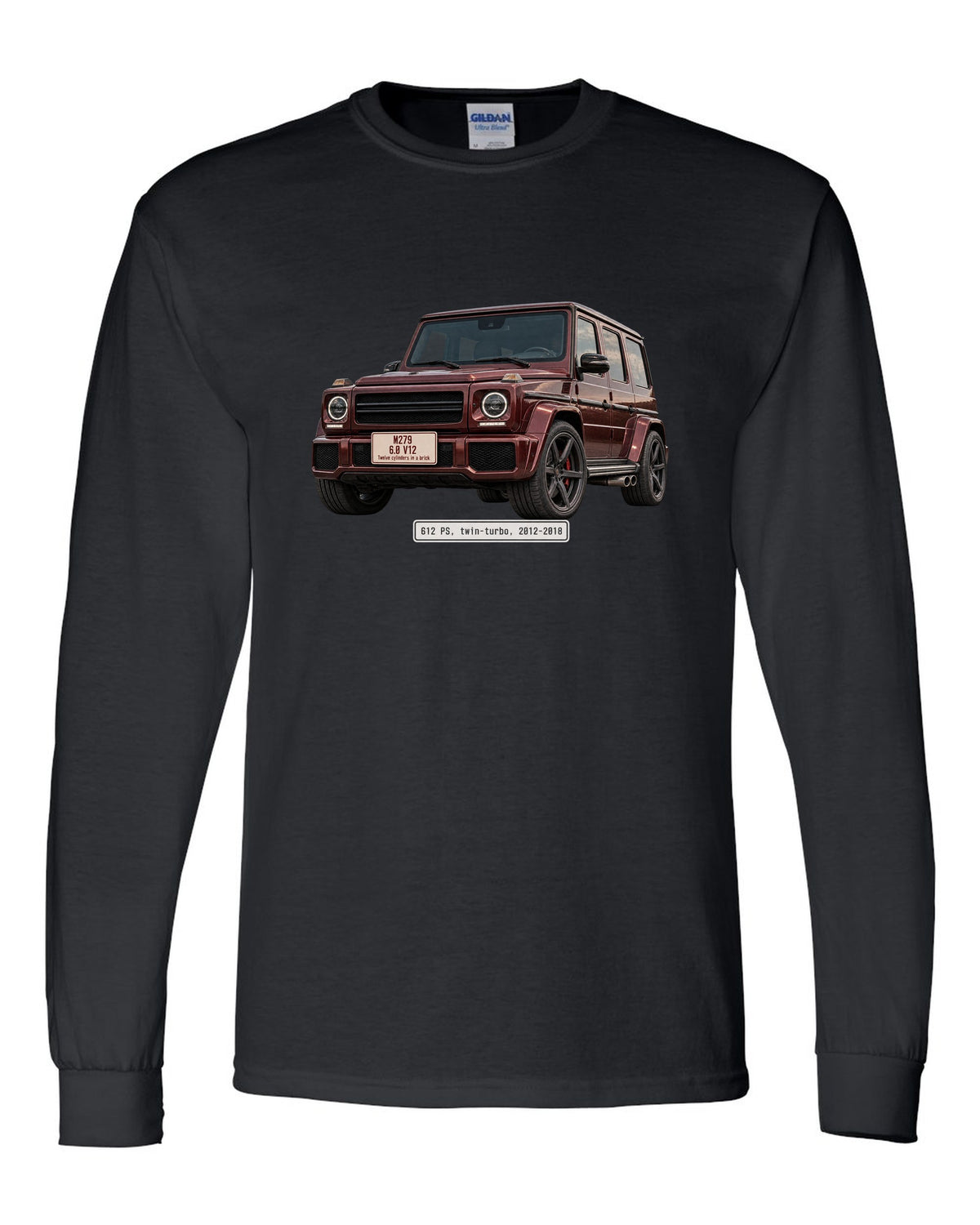Editorial headline print of a Mercedes-AMG G65 W463 V12 black long sleeve front view with the design