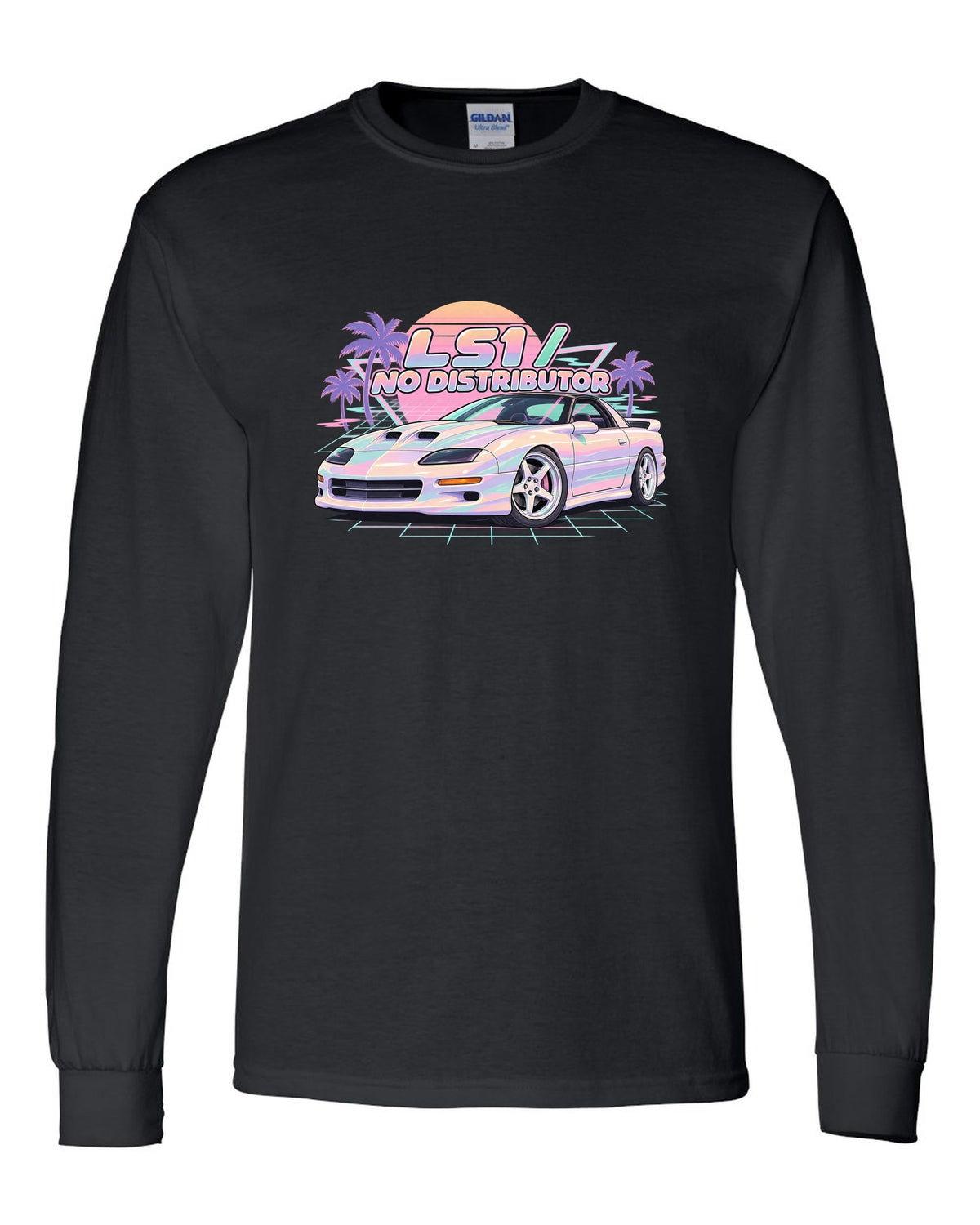 1998 Camaro SS fourth-generation on a pastel vaporwave grid with the text LS1 No Distributor black long sleeve front view with the design