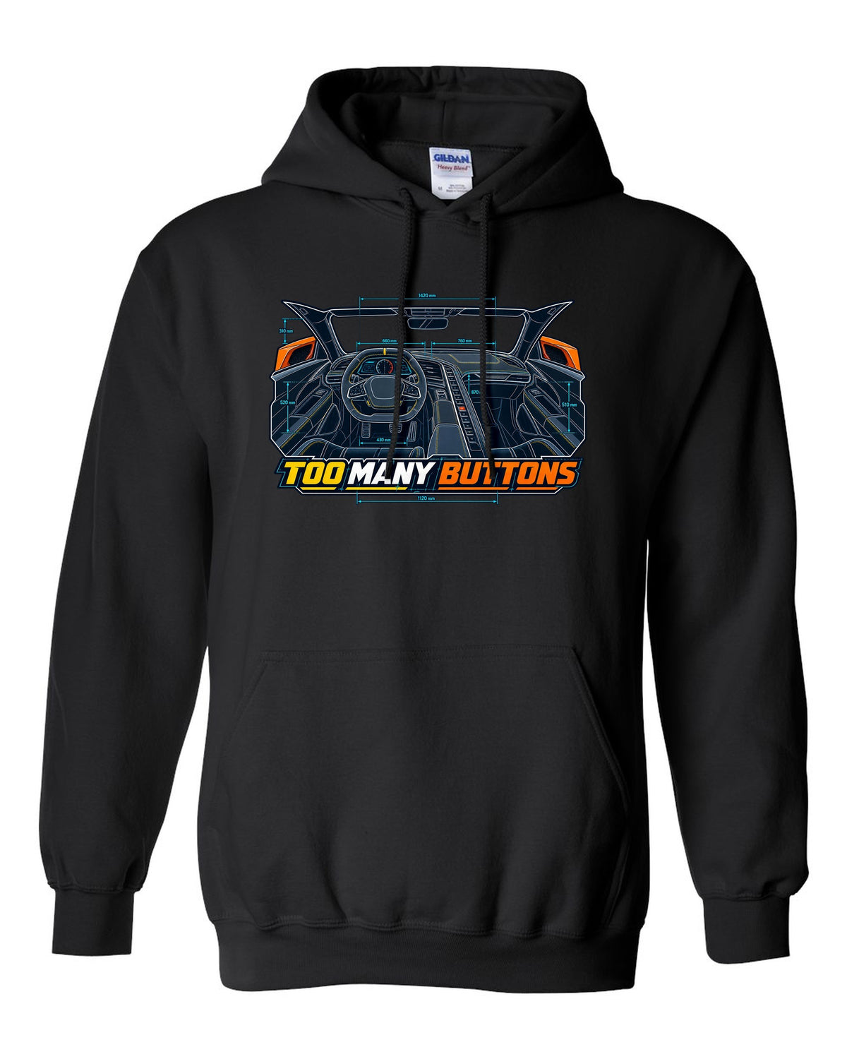 Blueprint line art print of a Chevrolet Corvette C8 Stingray cockpit with Too Many Buttons text black pull over hoodie front view with the design