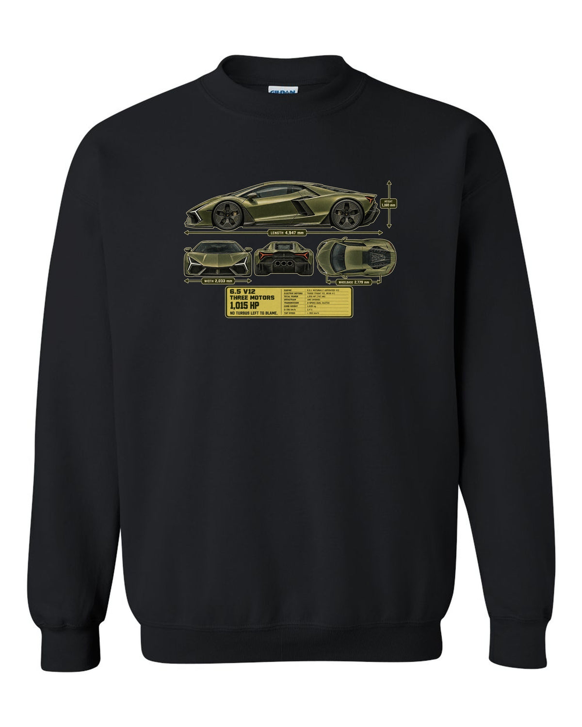 print dimension blueprint of a Lamborghini Revuelto in olive-grey black crewneck front view with the design