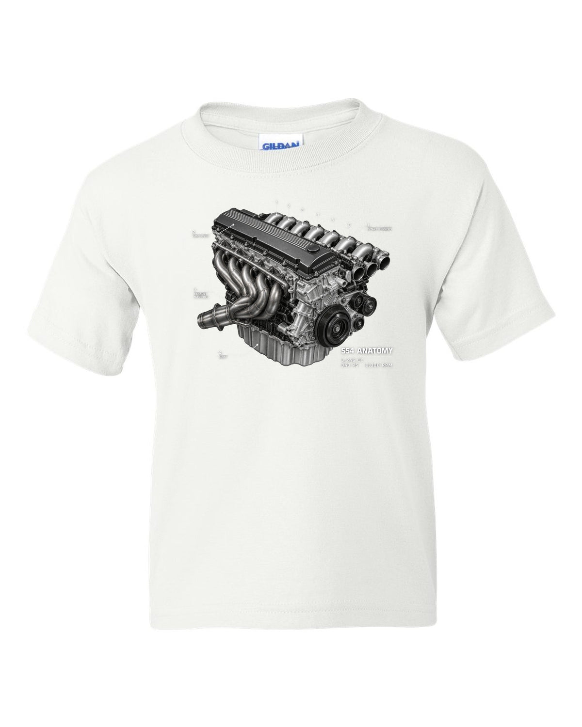 BMW E46 M3 S54 engine anatomy print with 3,246 cc 343 PS and 8,000 rpm text white kids tee front view with the design