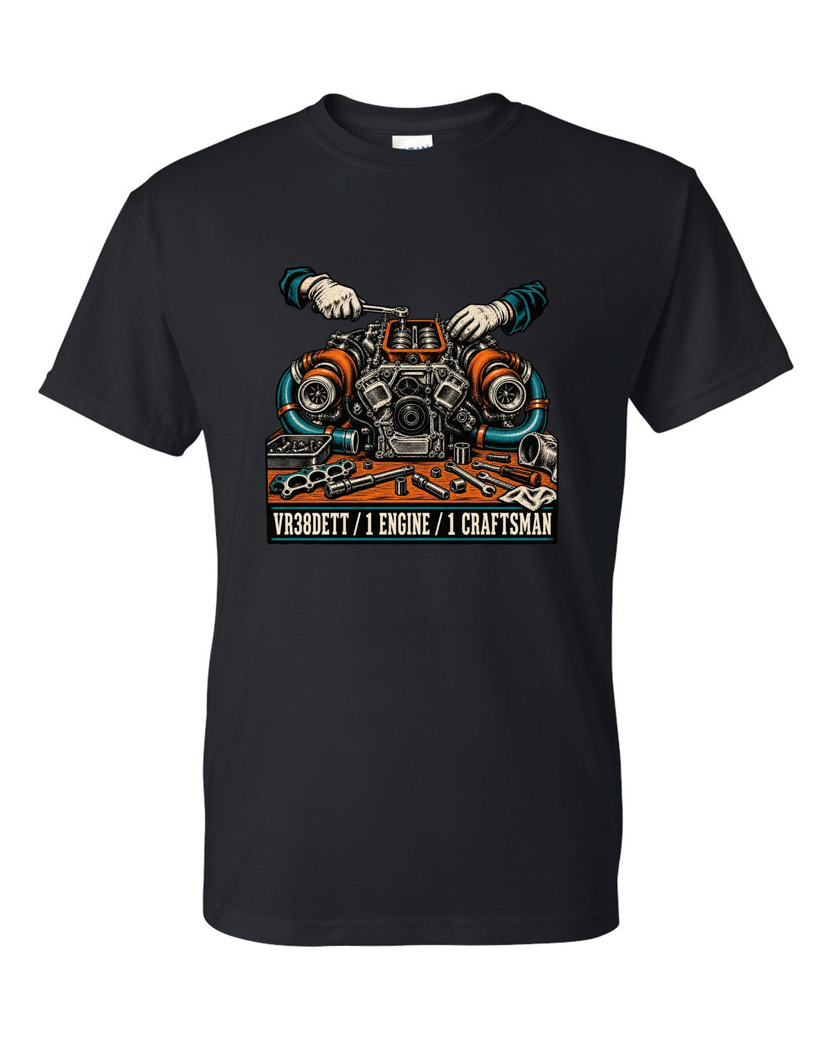 Linocut block-print back design of a Nissan GT-R R35 with VR38DETT engine text black t-shirt front view with the design