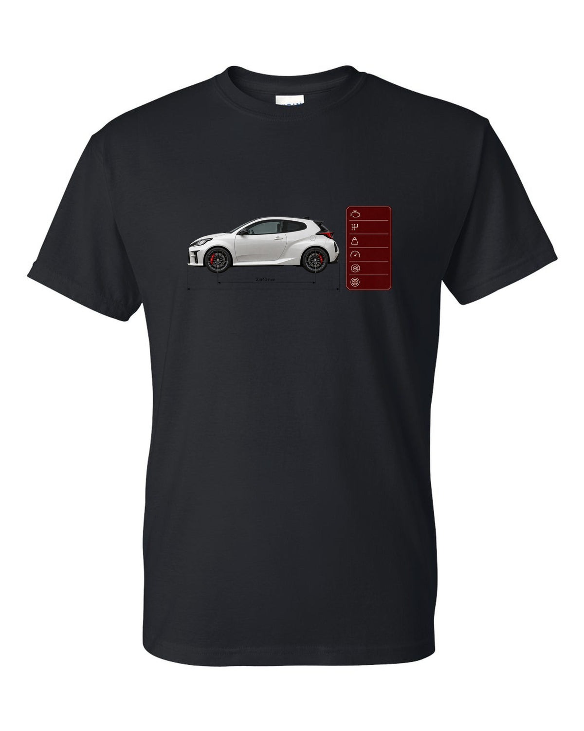 Pearl white-grey Toyota GR Yaris Circuit Package spec poster with homologation text black t-shirt front view with the design
