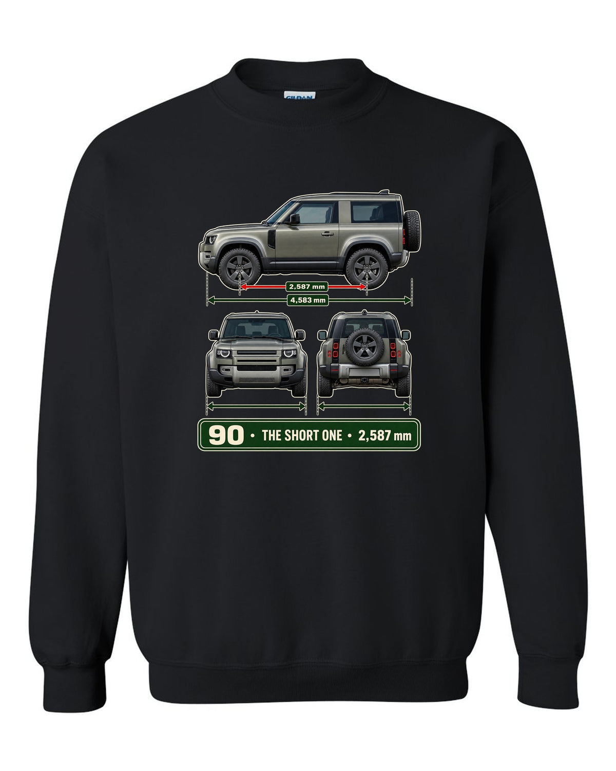 Three-view drawing with spec table print of the Land Rover Defender 90 L663 black crewneck front view with the design