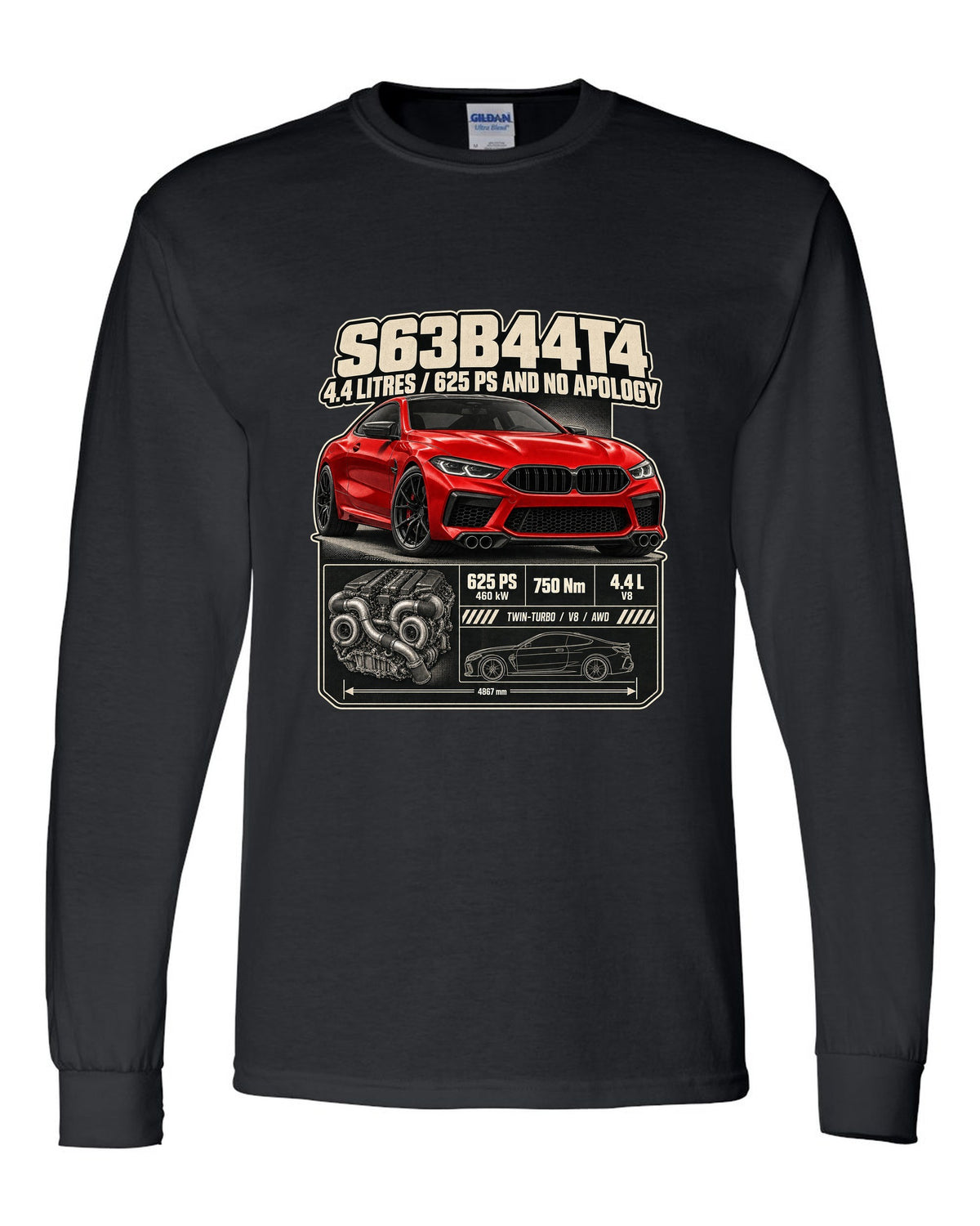 BMW M8 Competition Coupe F92 spec poster print on a tee black long sleeve front view with the design