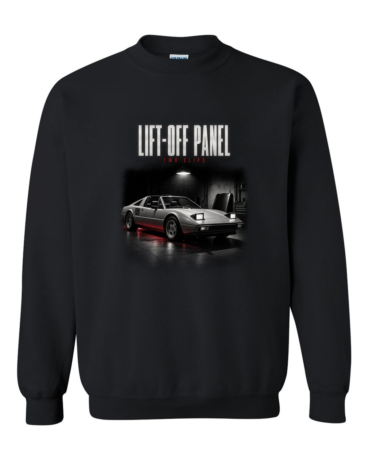 Ferrari 308 GTS 1977 targa garage night print, lift-off panel, two clips black crewneck front view with the design