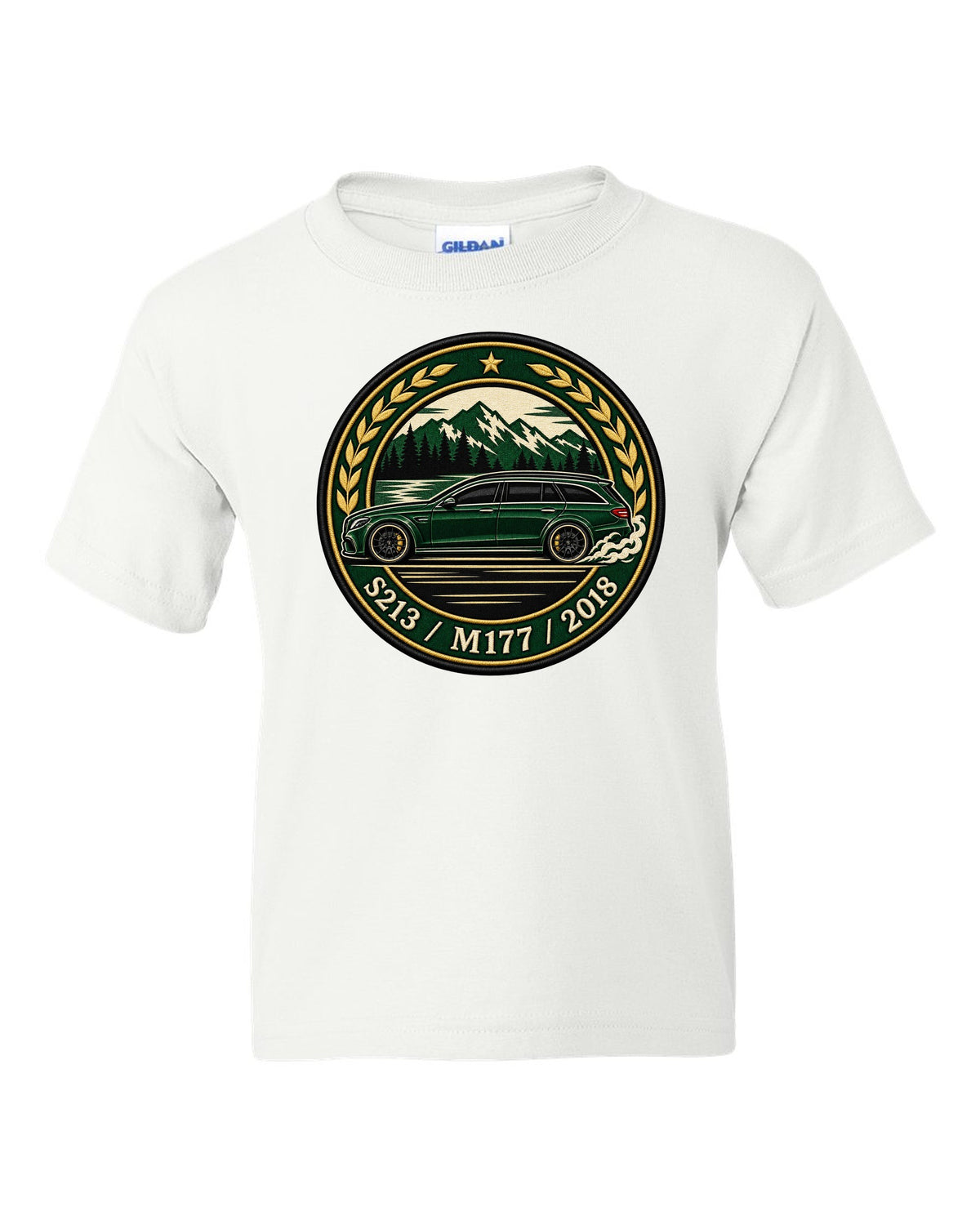 Embroidery-style varsity crest of a Mercedes E63 AMG Wagon S213 with M177 white kids tee front view with the design