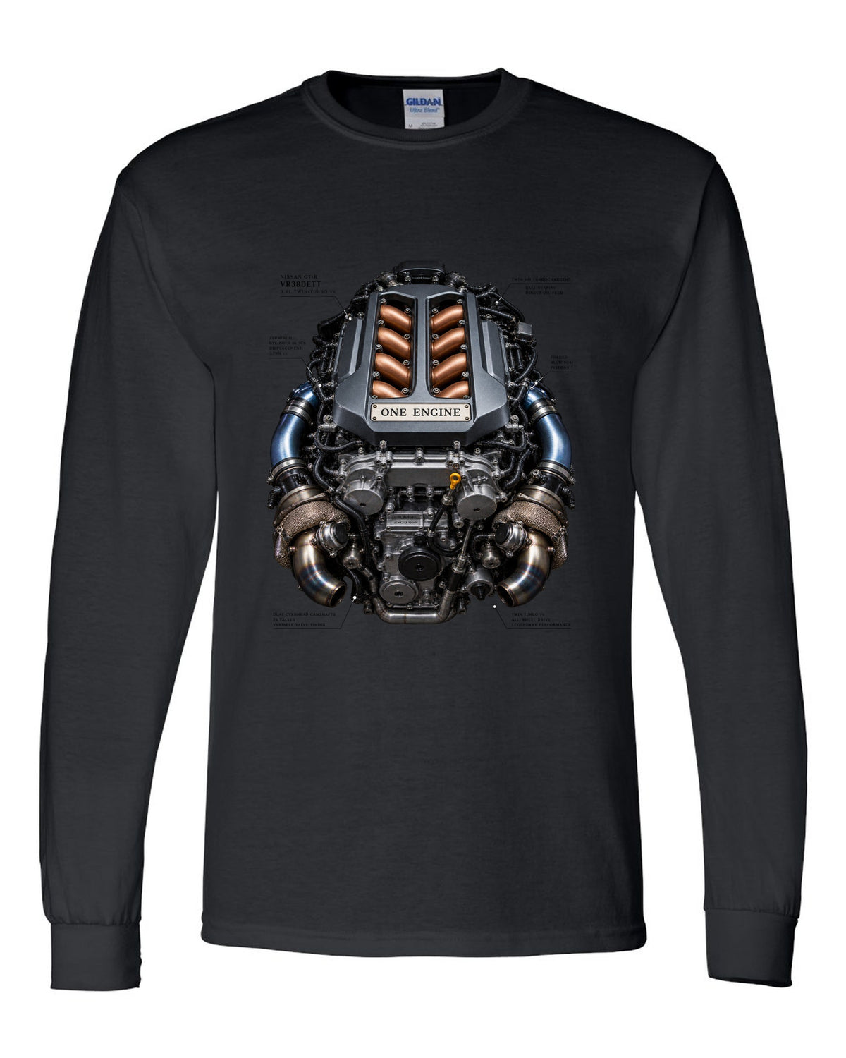 Nissan GT-R VR38DETT twin-turbo V6 engine bay illustration, print design black long sleeve front view with the design