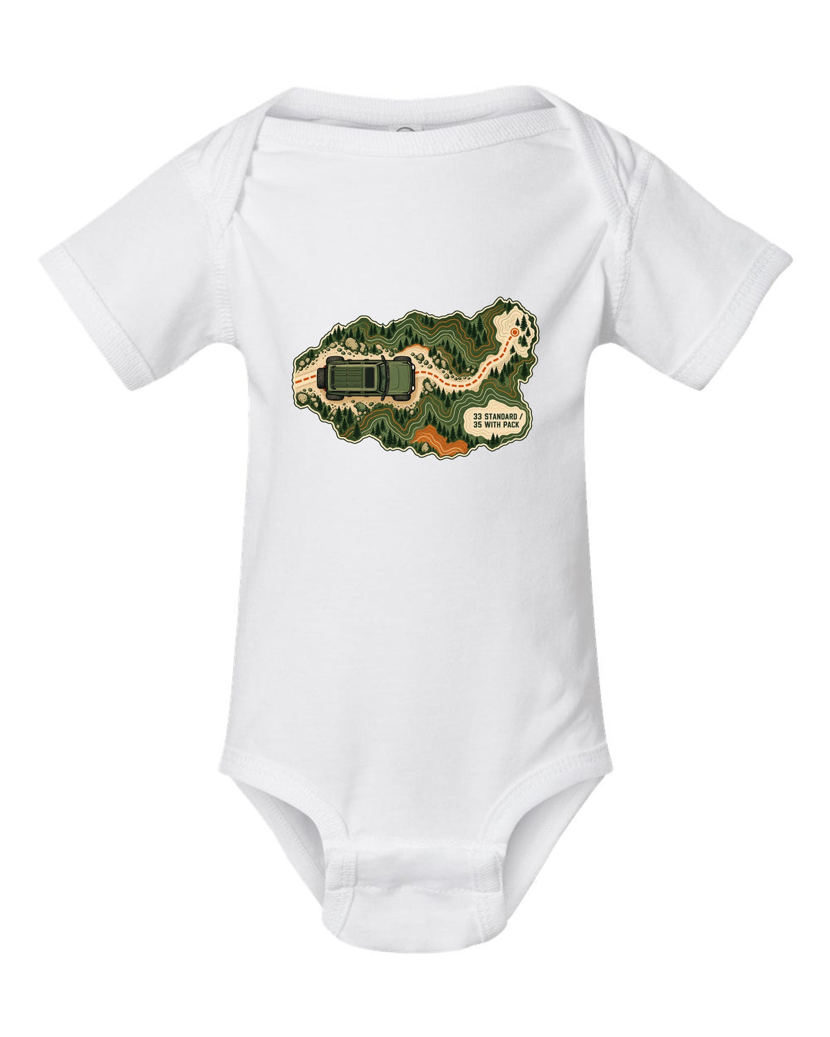 Topographic route map art of a 2021 Ford Bronco 4-door Badlands with 33 STANDARD 35 WITH PACK notes white baby onesie front view with the design
