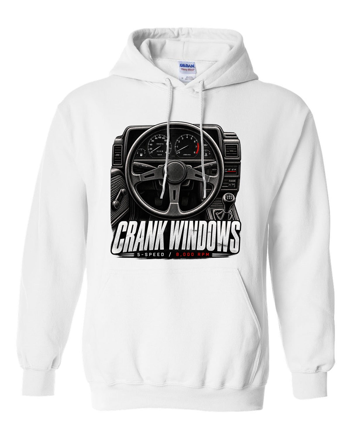print of a Toyota AE86 interior cockpit with gauges and crank window lettering white pull over hoodie front view with the design