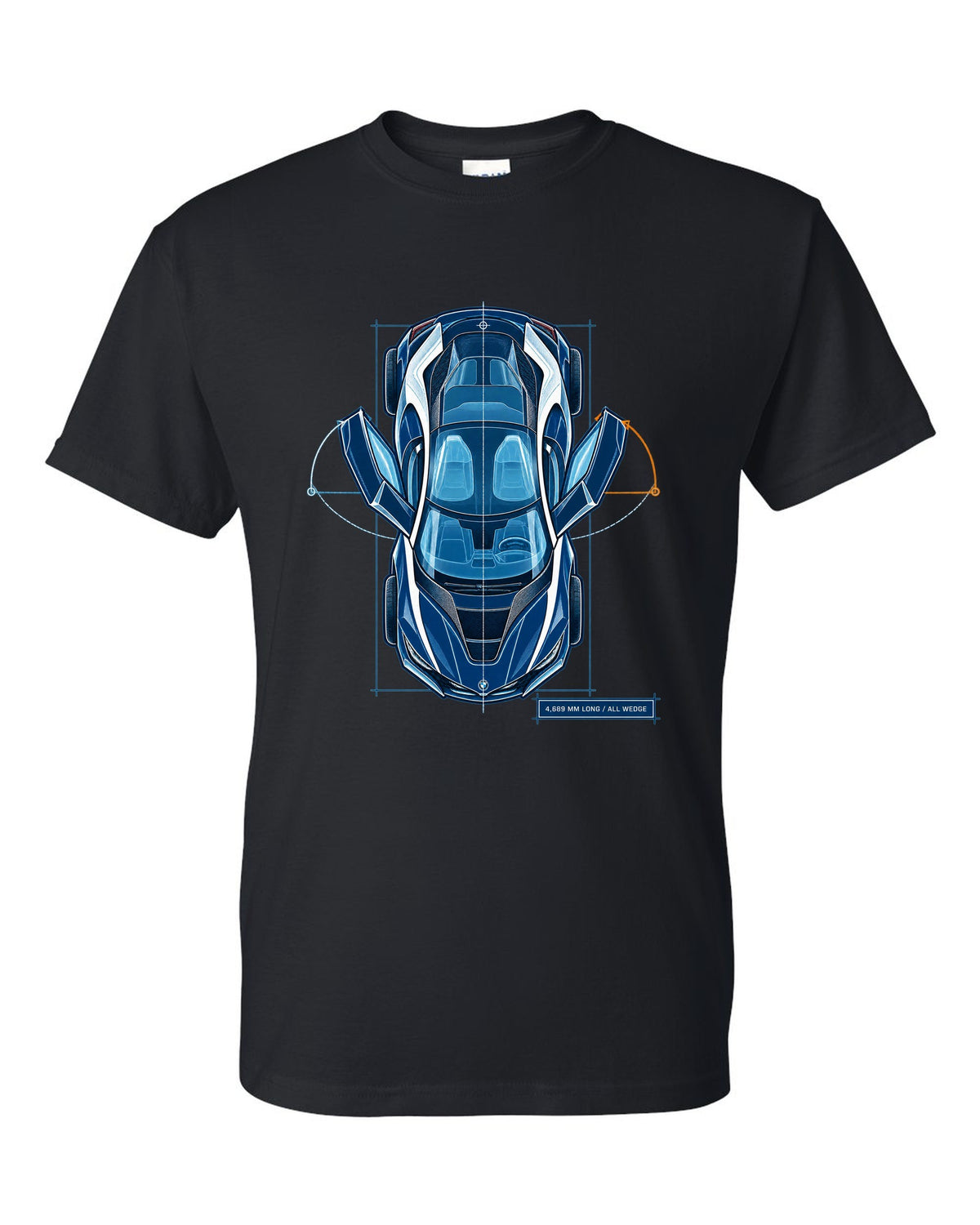 BMW i8 I12 cyanotype blueprint plan view print with 4,689 mm long text black t-shirt front view with the design