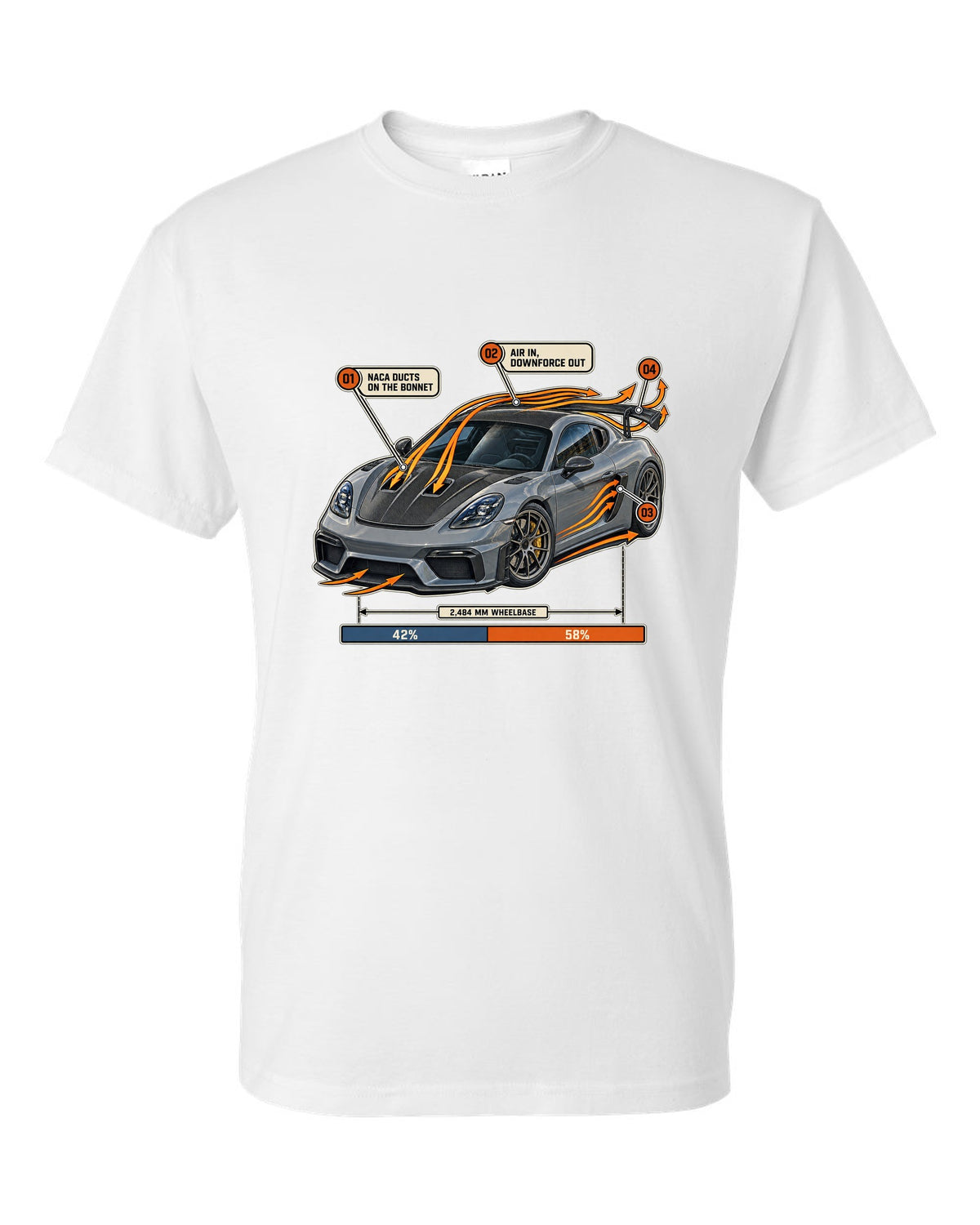 Airflow callout print of a Porsche 718 Cayman GT4 RS Weissach package white t-shirt front view with the design