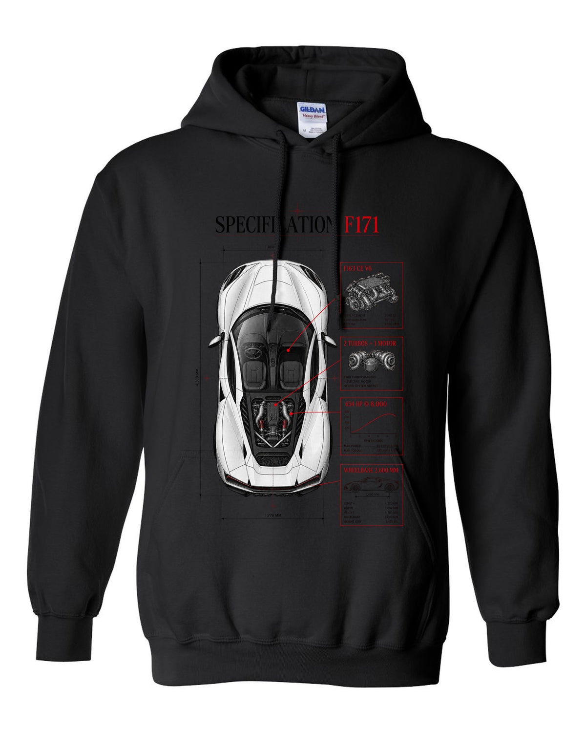 Top-down spec poster print of a Ferrari 296 GTB F171 with wheelbase and F163 CE V6 details black pull over hoodie front view with the design