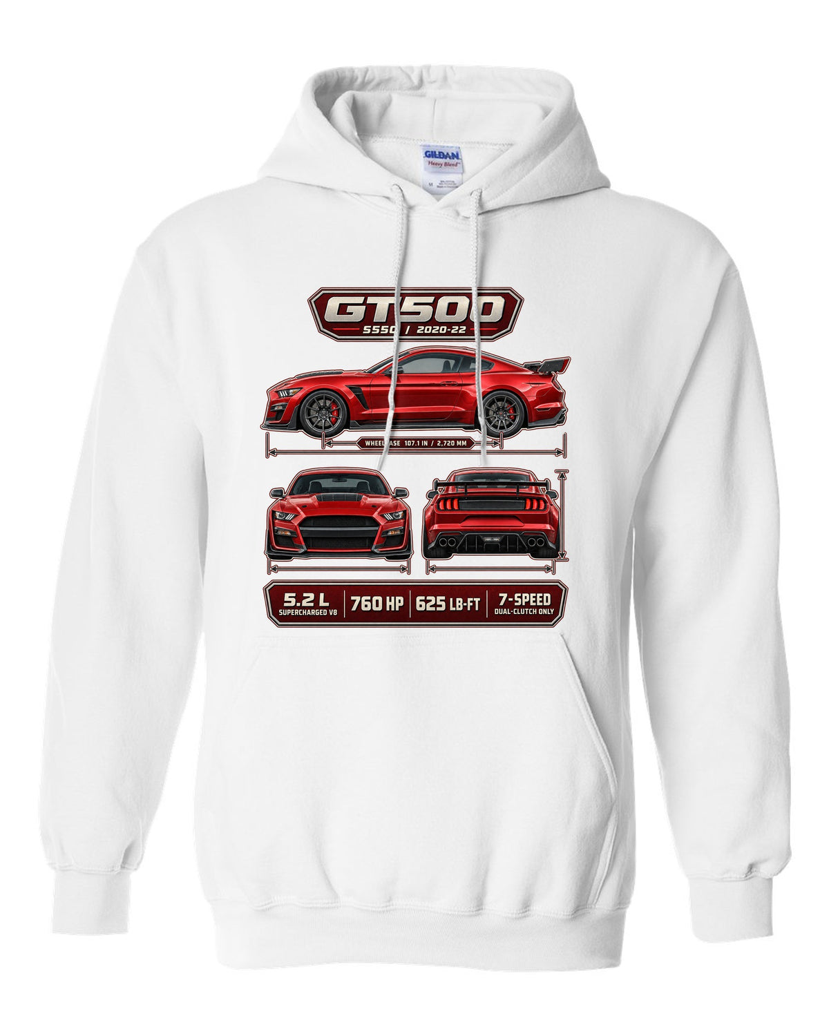 Ford Mustang S550 Shelby GT500 three-view drawing with spec table print white pull over hoodie front view with the design