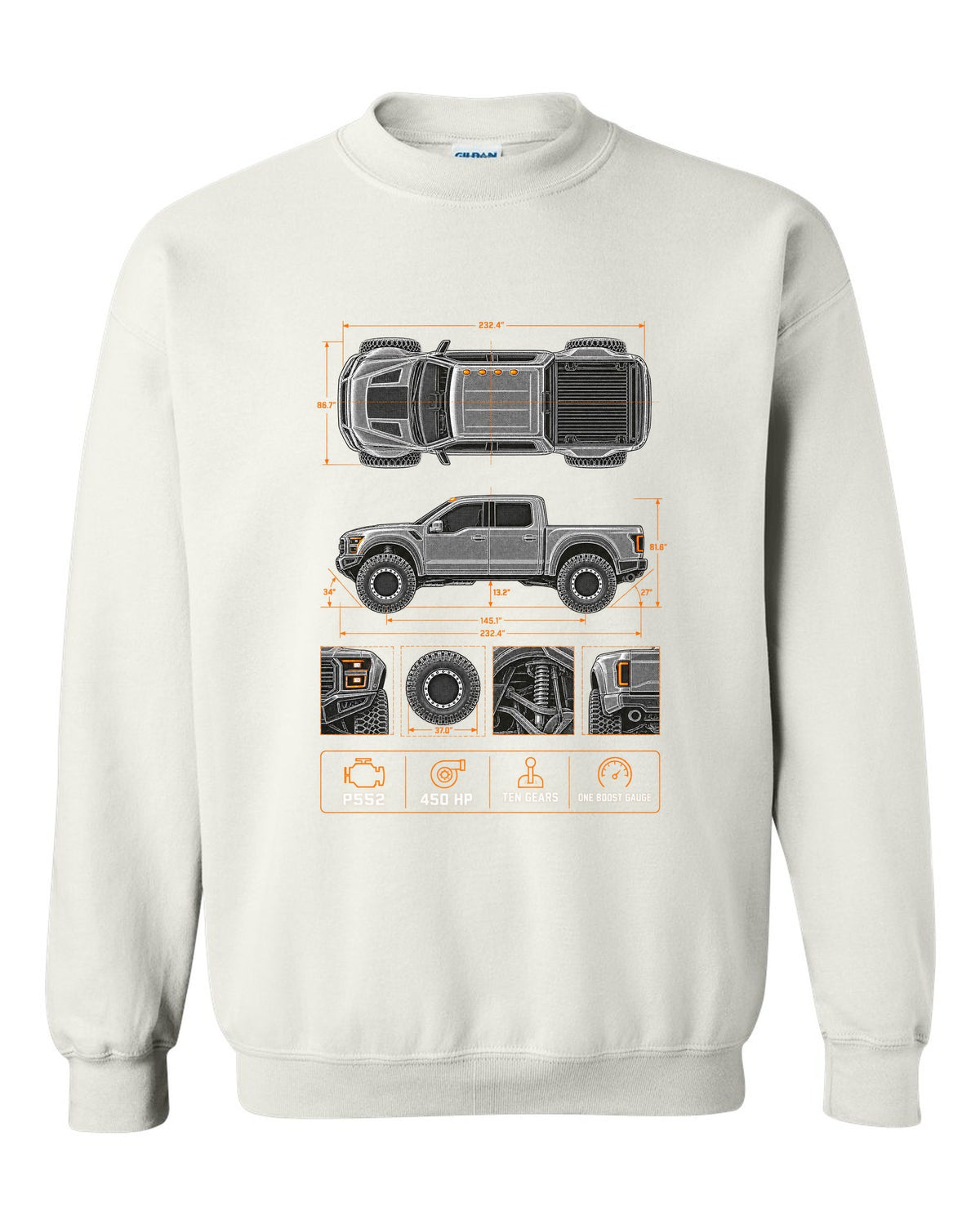 Ford F-150 Raptor Gen 2 P552 spec poster print with 450 HP and ten gears white crewneck front view with the design