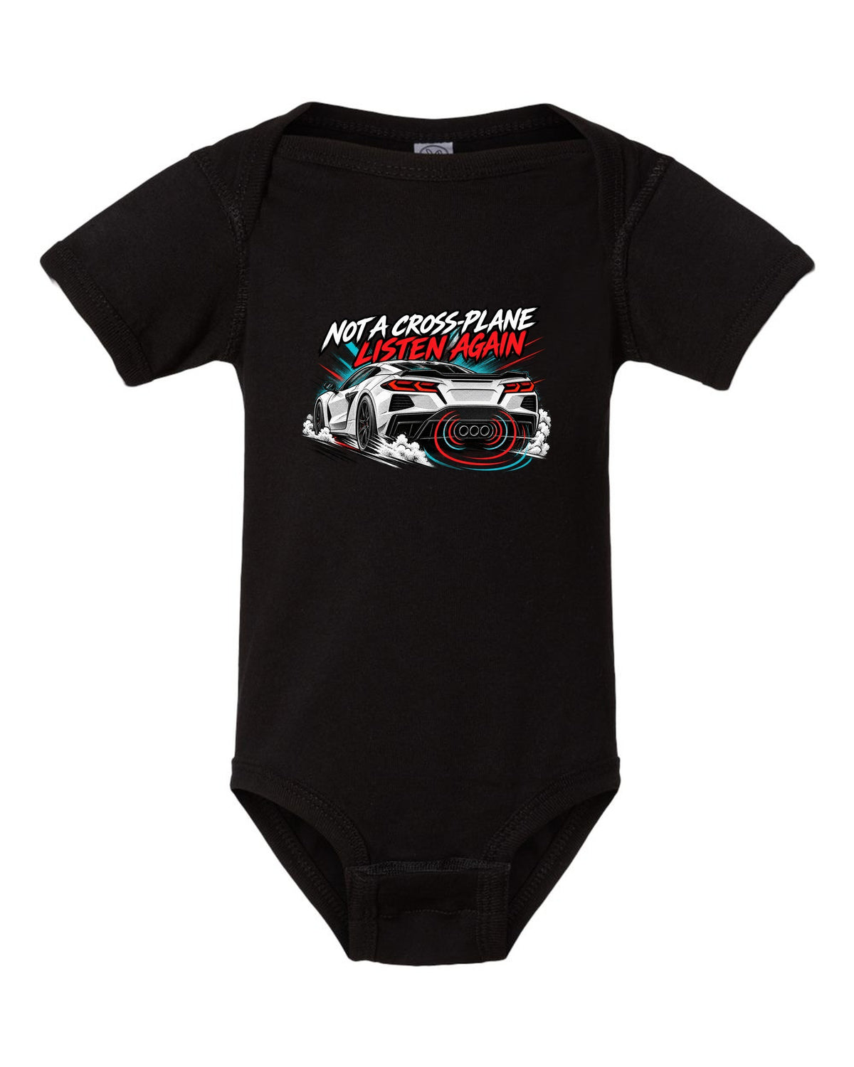 Badge crest design of a 2025 C8 Corvette ZR1 with large fender vents and rear wing black baby onesie front view with the design