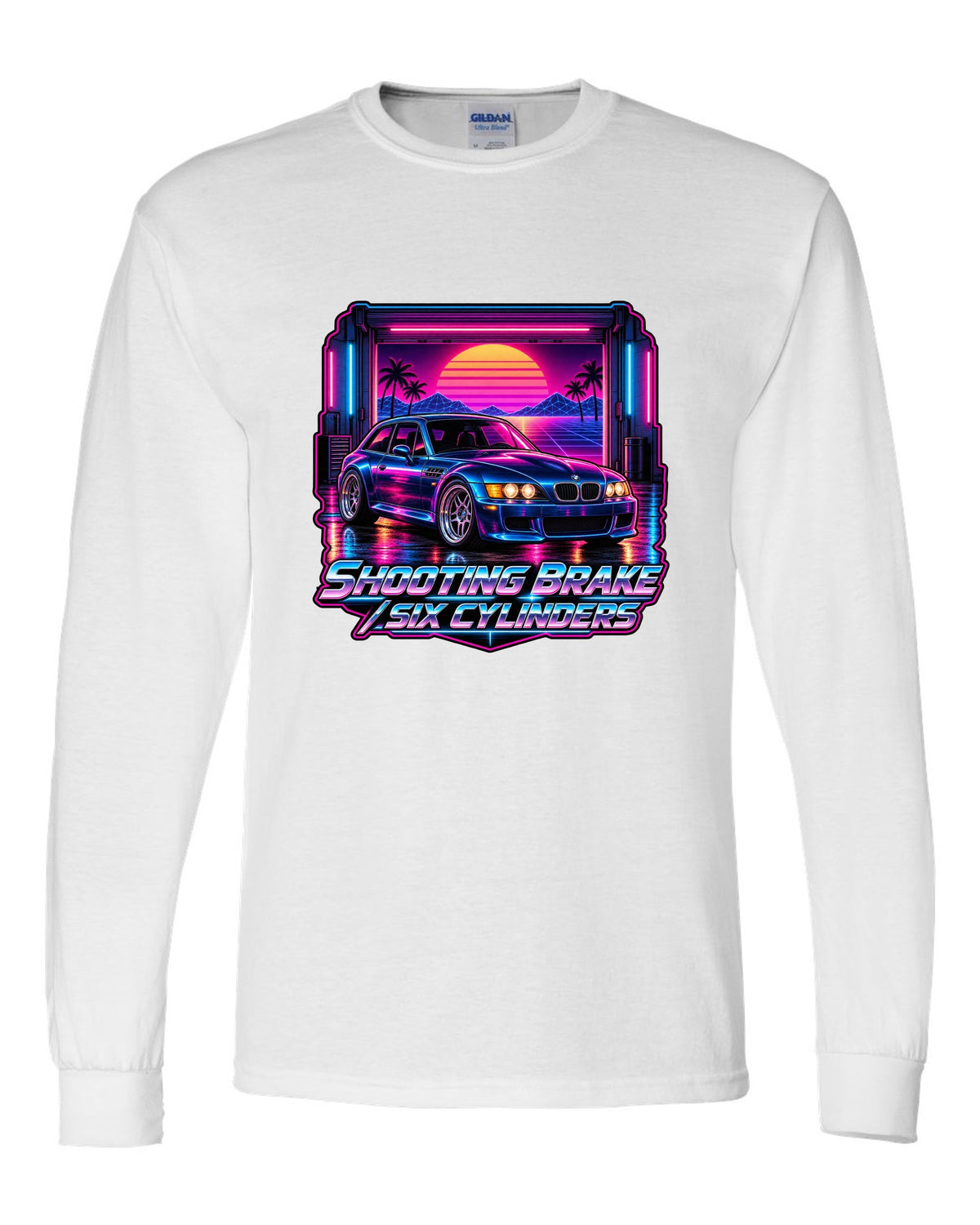 BMW Z3 M Coupe synthwave outrun print with shooting brake text white long sleeve front view with the design