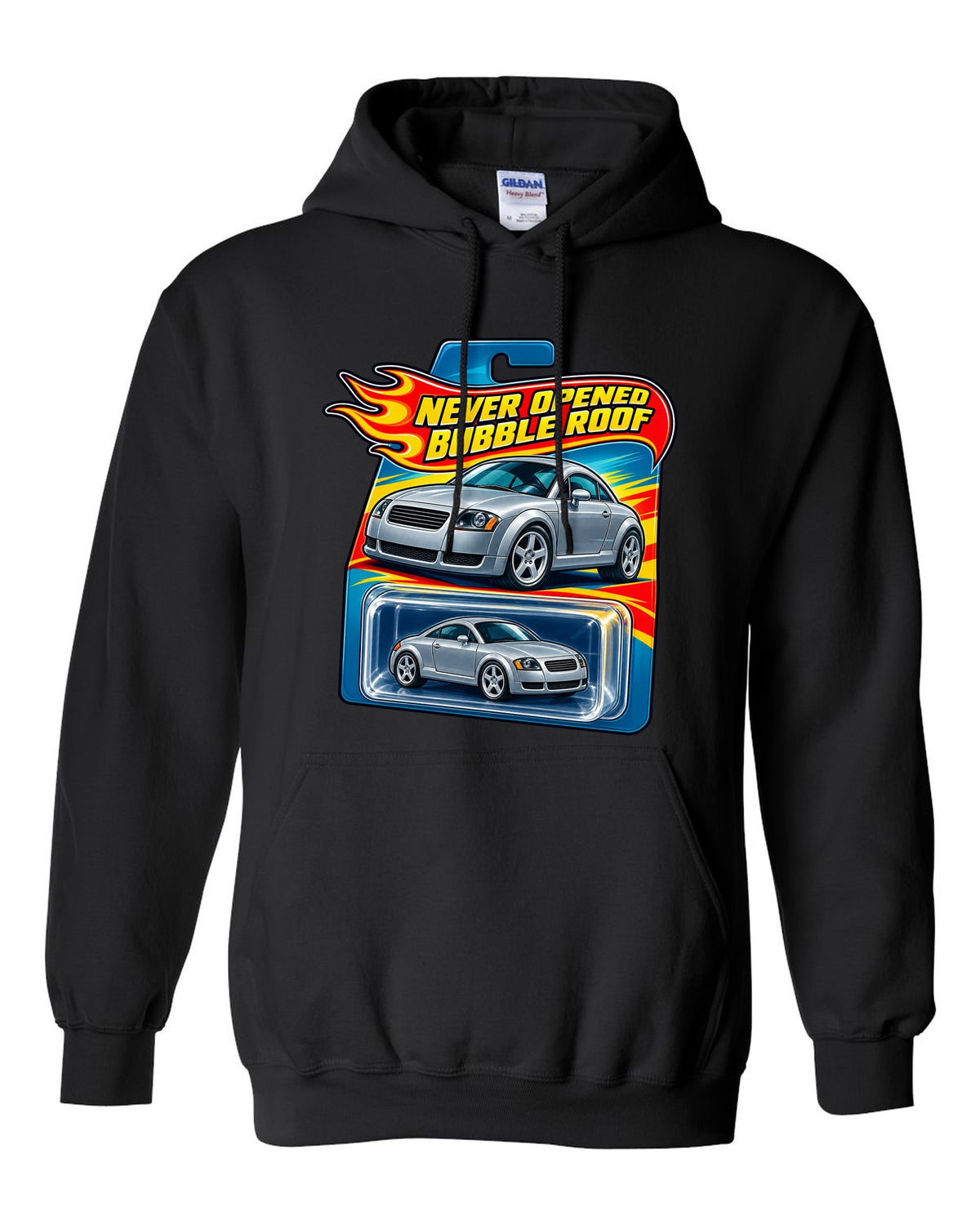 Toy blister card style print of an Audi TT 8N with Never Opened text black pull over hoodie front view with the design