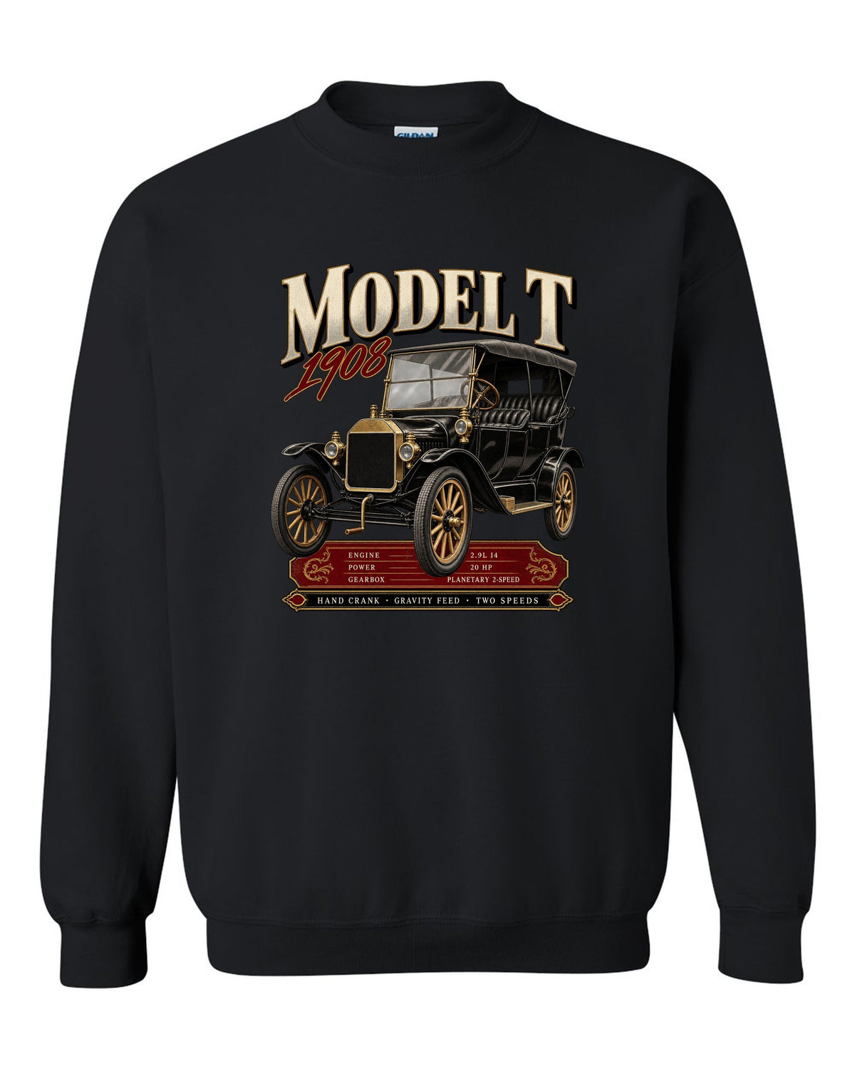 Archive panel print of a Ford Model T touring car with engine specs black crewneck front view with the design