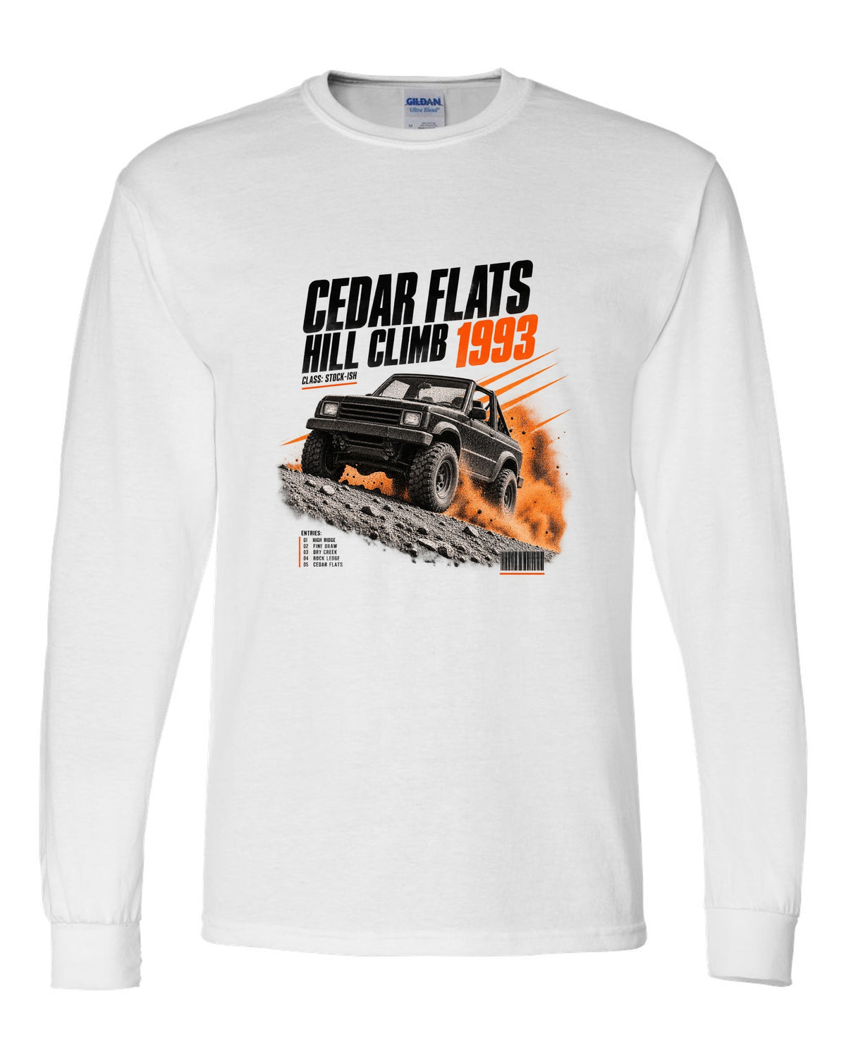 Race poster print for the Jeep Wrangler YJ, Cedar Flats Hill Climb 1993 white long sleeve front view with the design