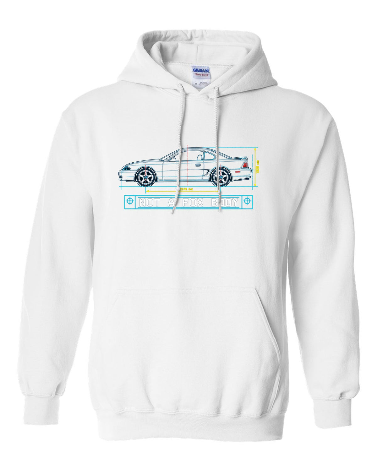 1994-98 SN95 Mustang Coupe Blueprint white pull over hoodie front view with the design