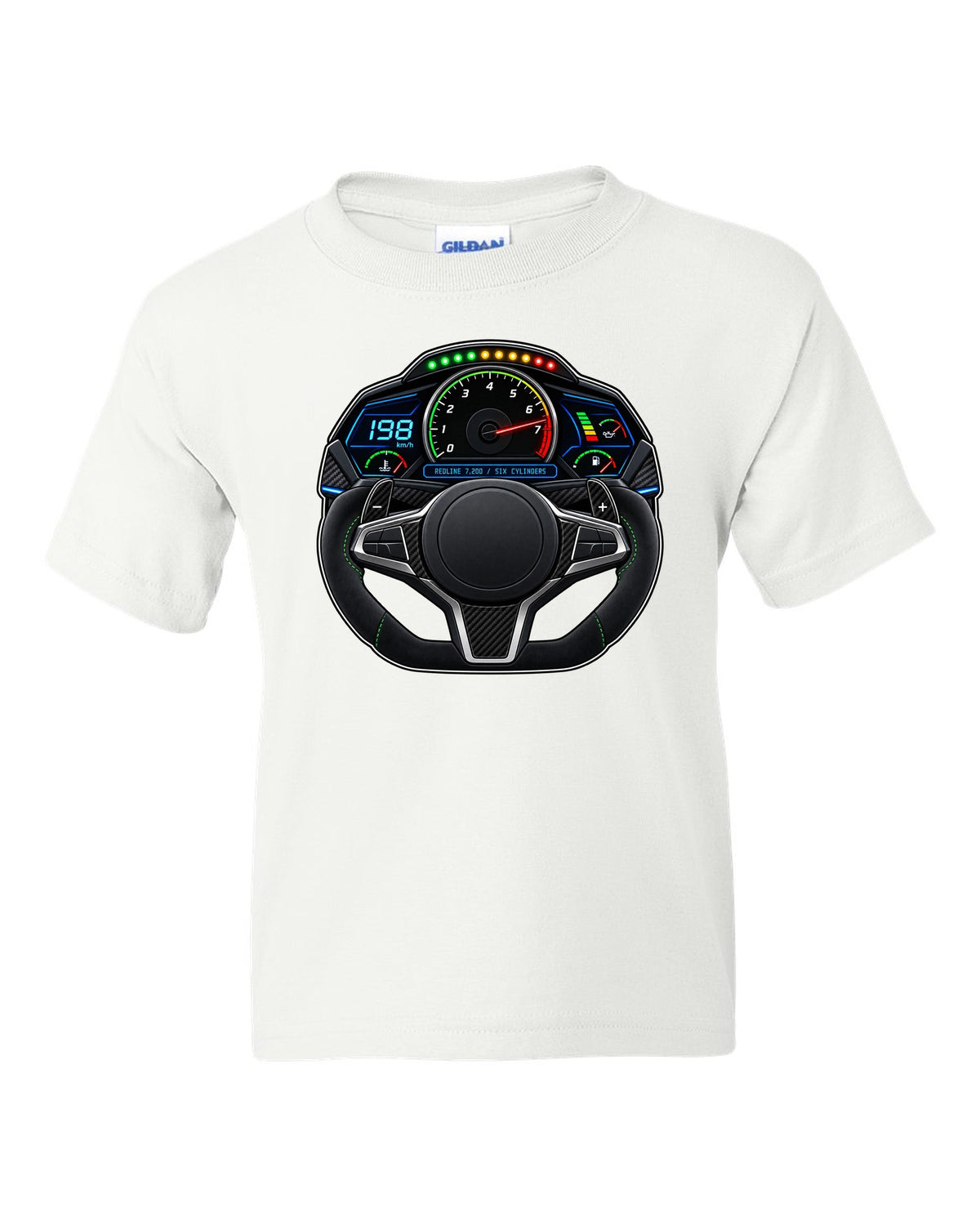 BMW G80 M3 interior gauge cluster HUD print with redline 7,200 text white kids tee front view with the design