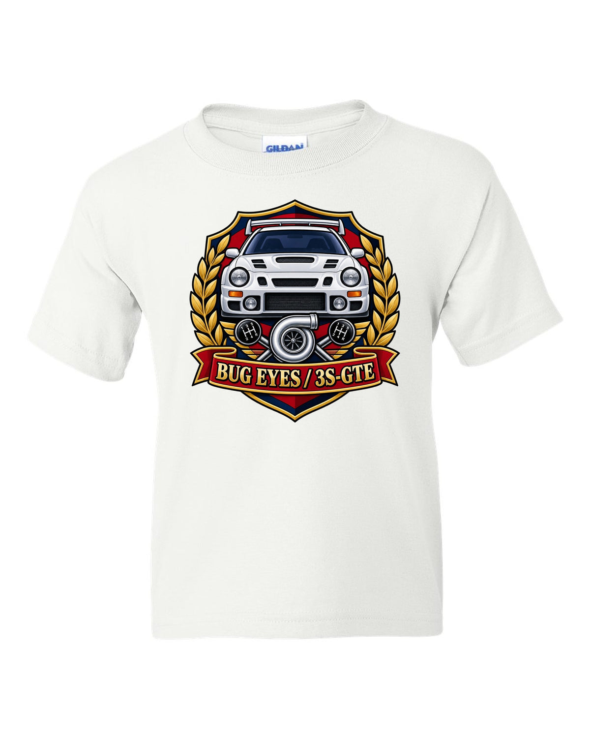 Rally crest of a Toyota Celica GT-Four ST205 with Bug Eyes and 3S-GTE lettering white kids tee front view with the design