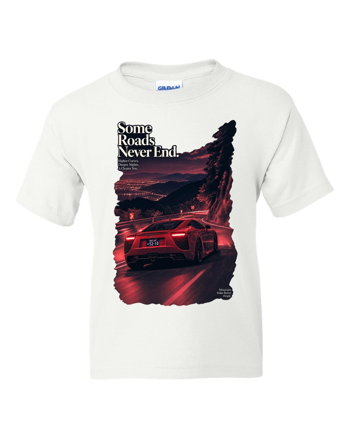 Night touge scene with the Lexus LFA in magenta-red monochrome white kids tee front view with the design