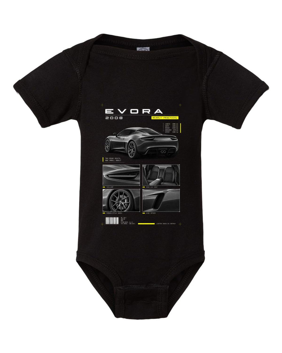 Lotus Evora 2008 dossier panels print black baby onesie front view with the design