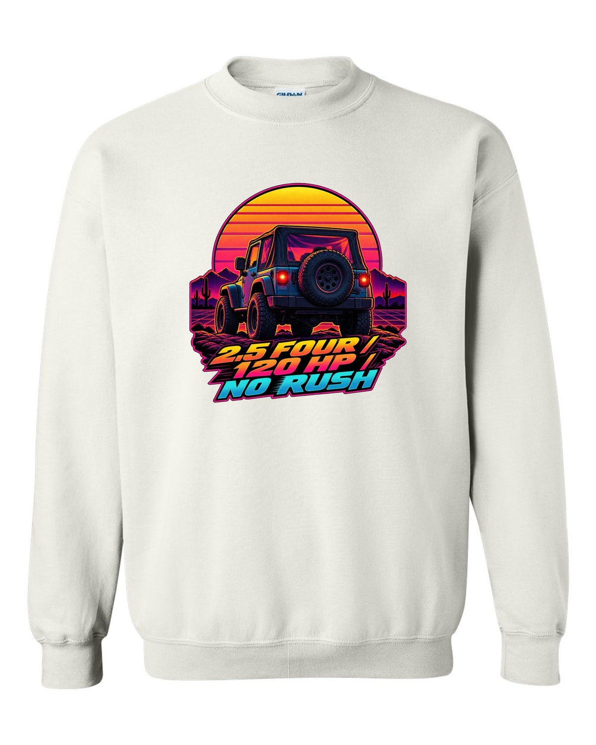 Synthwave sunset illustration of a Jeep Wrangler TJ tailgate with 2.5 FOUR 120 HP NO RUSH lettering white crewneck front view with the design
