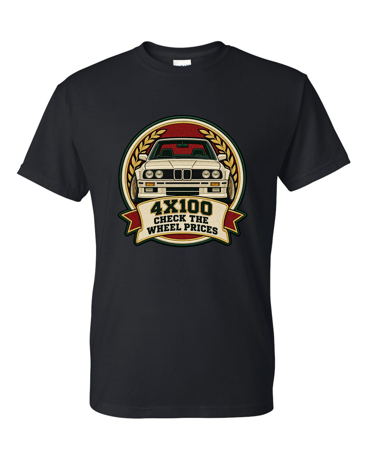 Varsity crest style print of a BMW E30 M3 with 4X100 wheel price joke text black t-shirt front view with the design