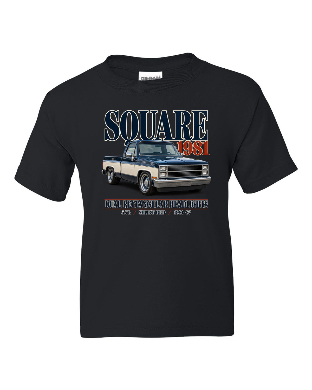 Editorial print of a 1981-87 Chevrolet C10 Squarebody in Silverado trim black kids tee front view with the design